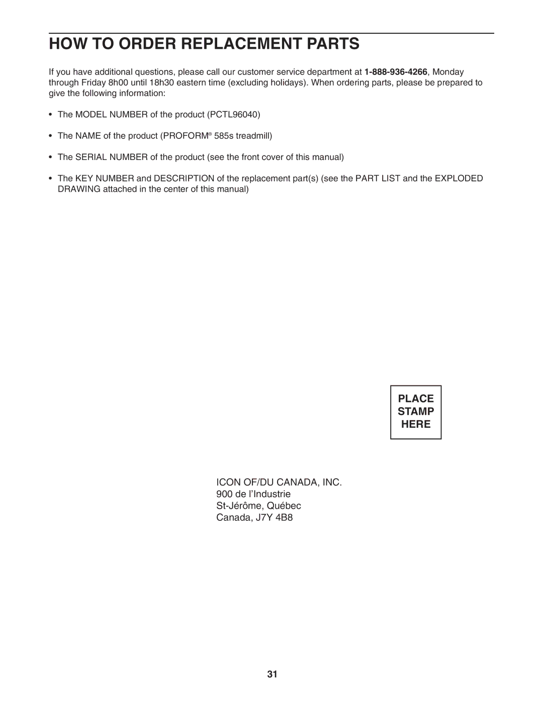 ProForm PCTL96040 user manual HOW to Order Replacement Parts 