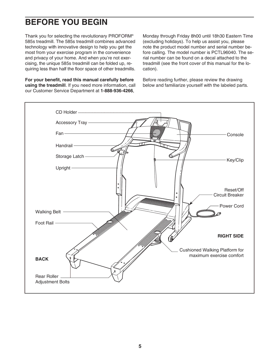 ProForm PCTL96040 user manual Before YOU Begin, Right Side, Back 