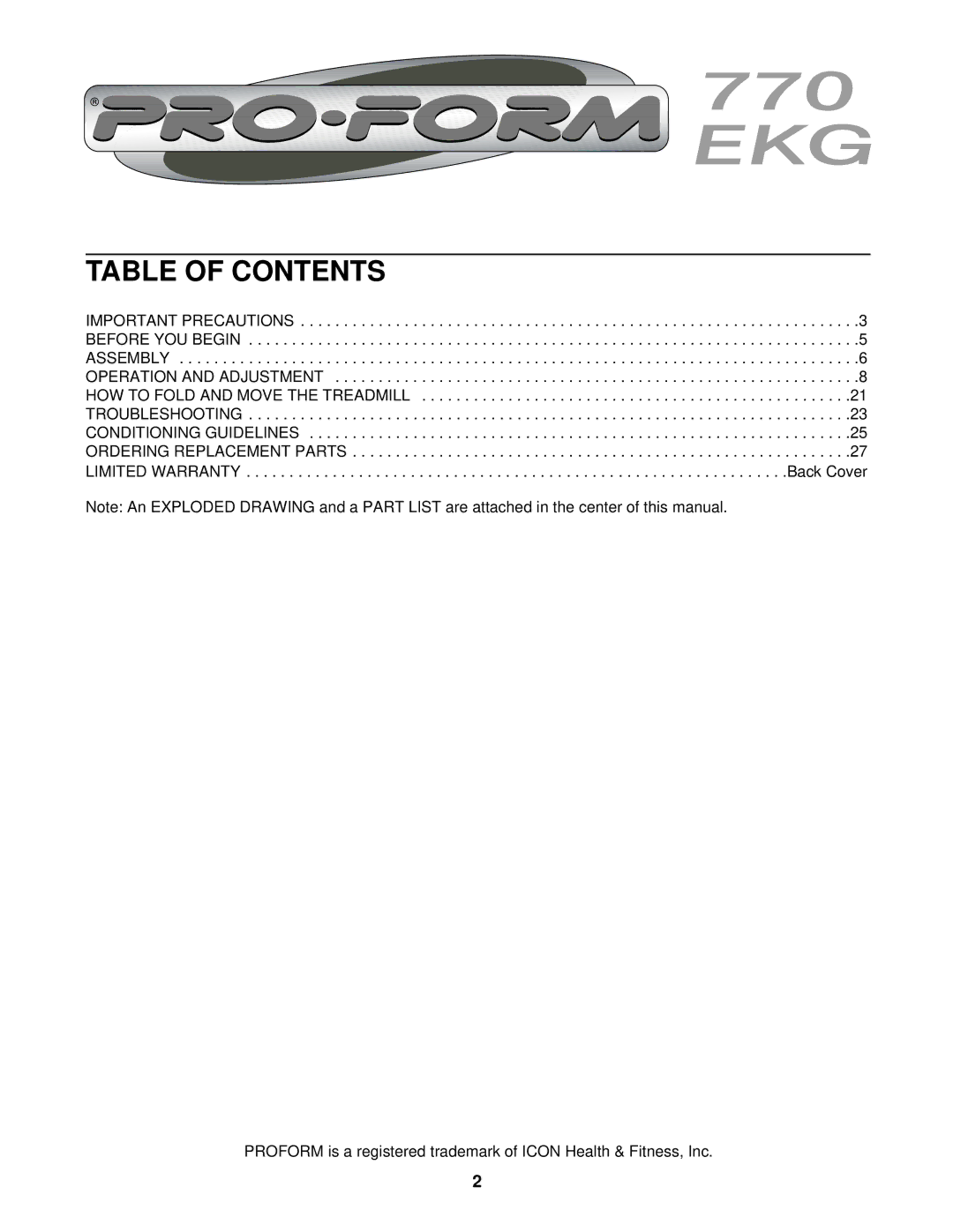 ProForm PCTL99010 user manual Table of Contents 