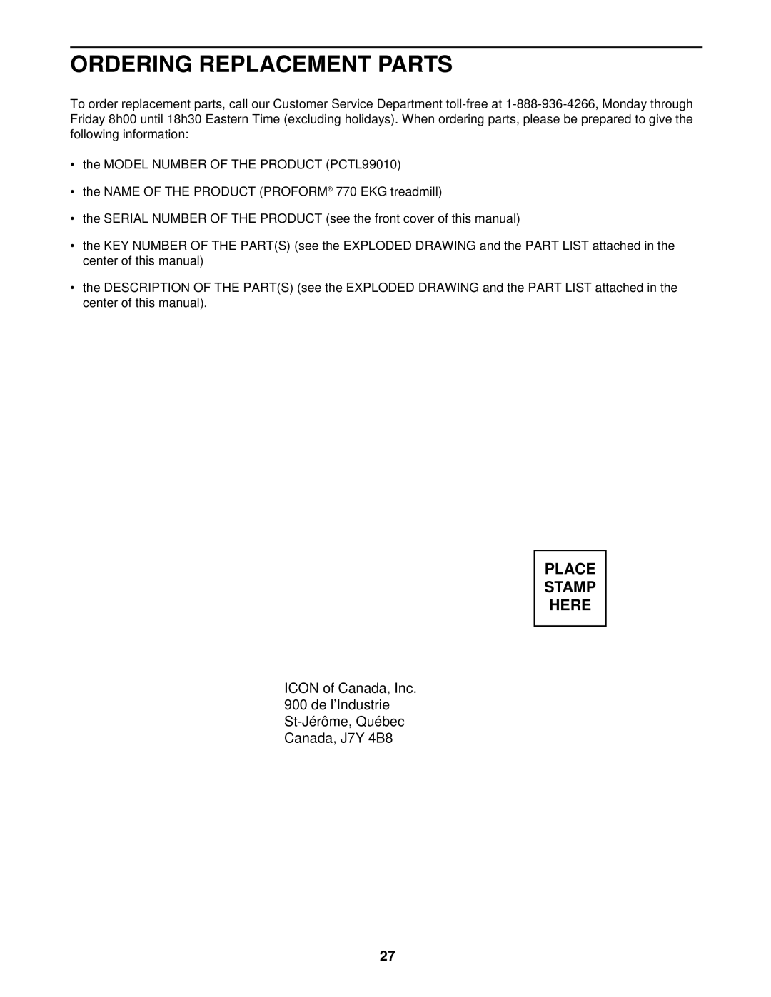 ProForm PCTL99010 user manual Ordering Replacement Parts 