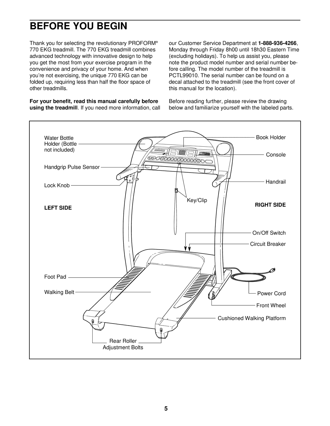 ProForm PCTL99010 user manual Before YOU Begin, Using the treadmill, Left Side 