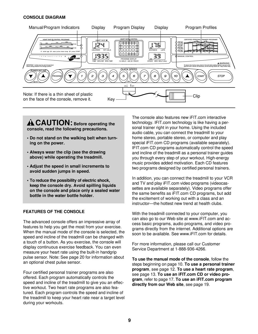 ProForm PCTL99010 Console Diagram, To reduce the possibility of electric shock, Features of the Console, See, Refer to 