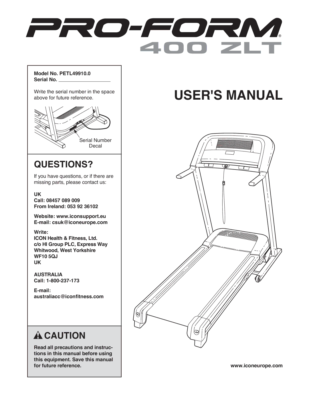 ProForm user manual Questions?, Model No. PETL49910.0 Serial No 