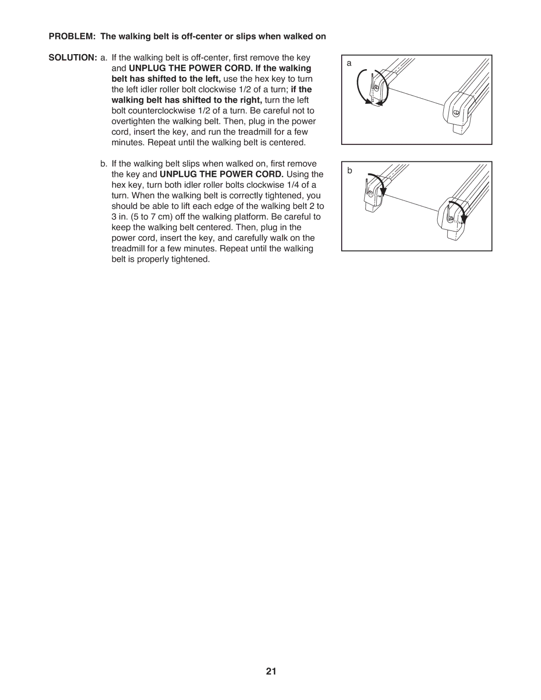 ProForm PETL49910.0 user manual Problem Solution, Walking belt is off-center or slips when walked on 