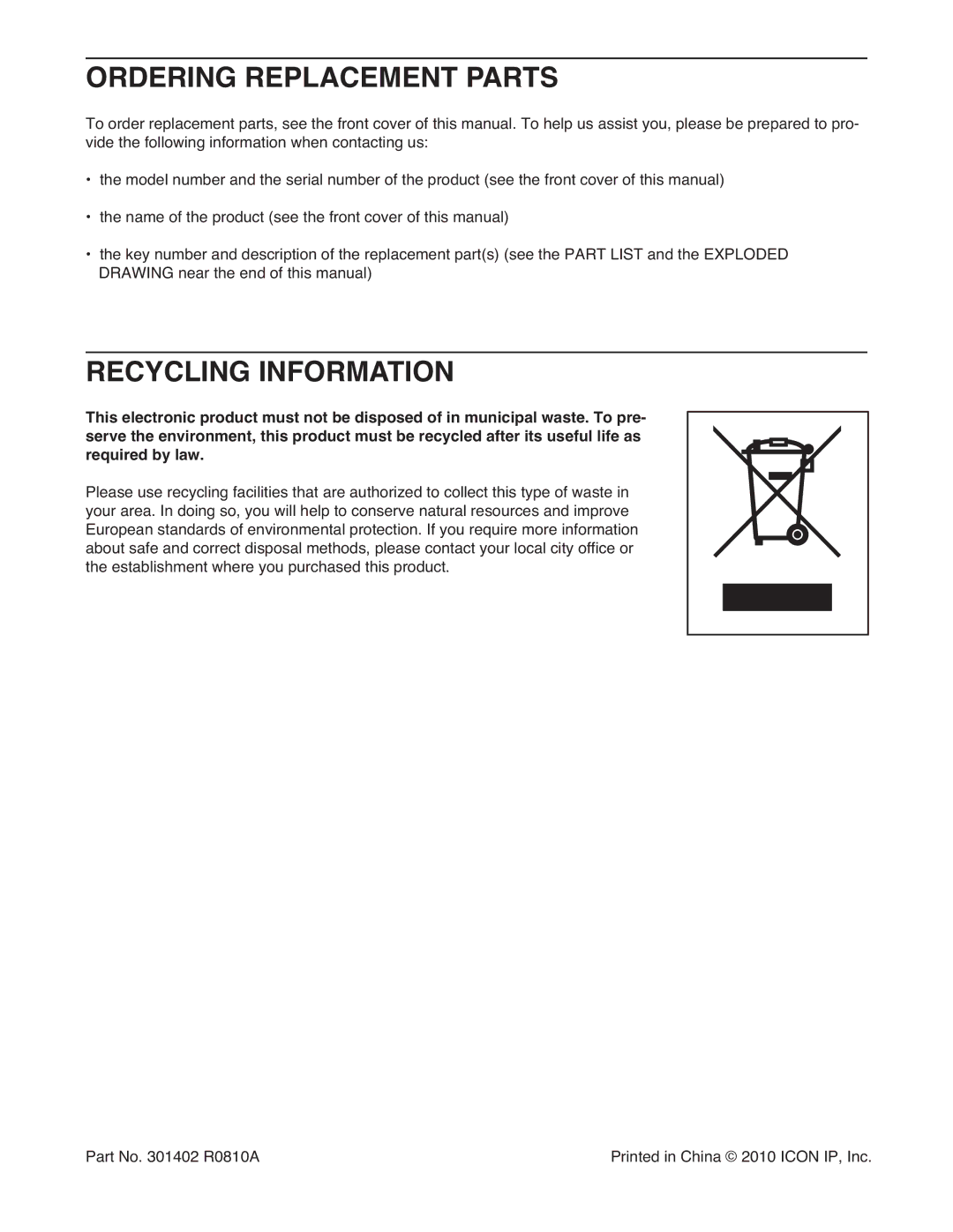 ProForm PETL49910.0 user manual Ordering Replacement Parts, Recycling Information 