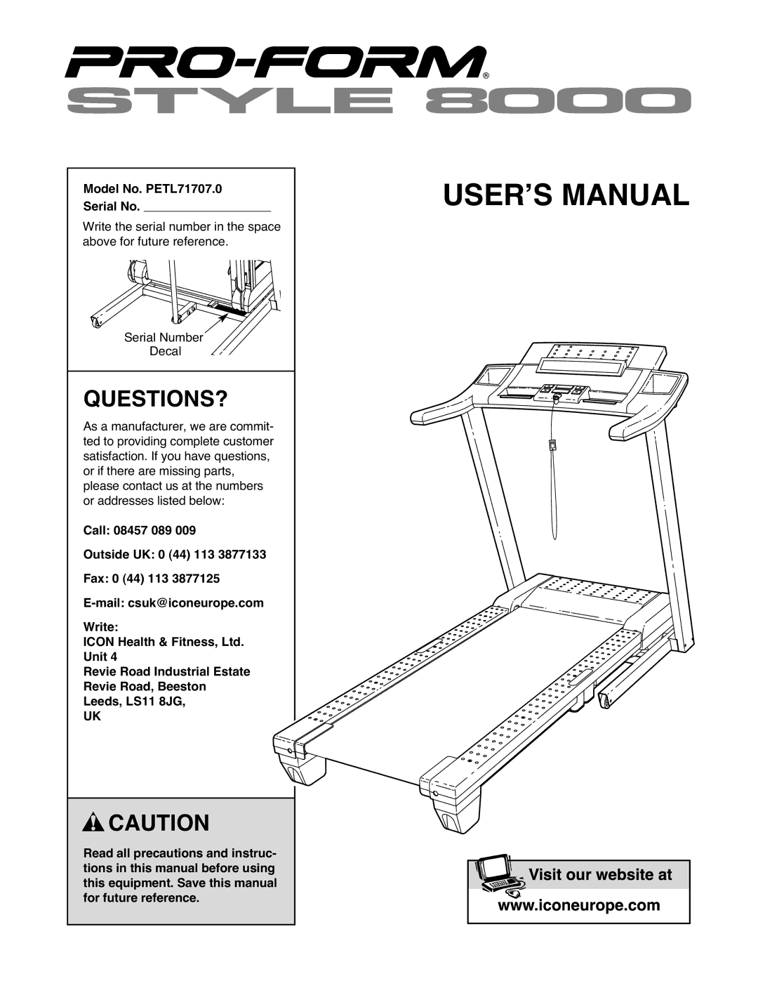 ProForm manual Questions?, Model No. PETL71707.0 Serial No 