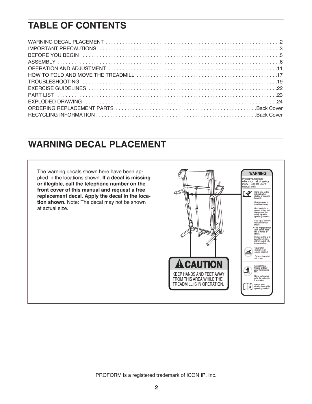 ProForm PETL71707.0 manual Table of Contents 