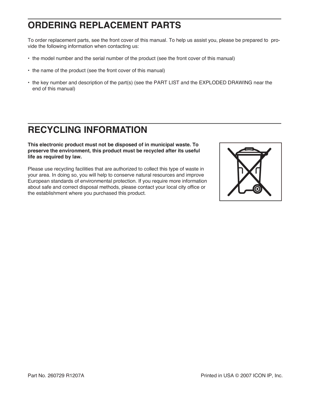 ProForm PETL71707.0 manual Ordering Replacement Parts, Recycling Information 