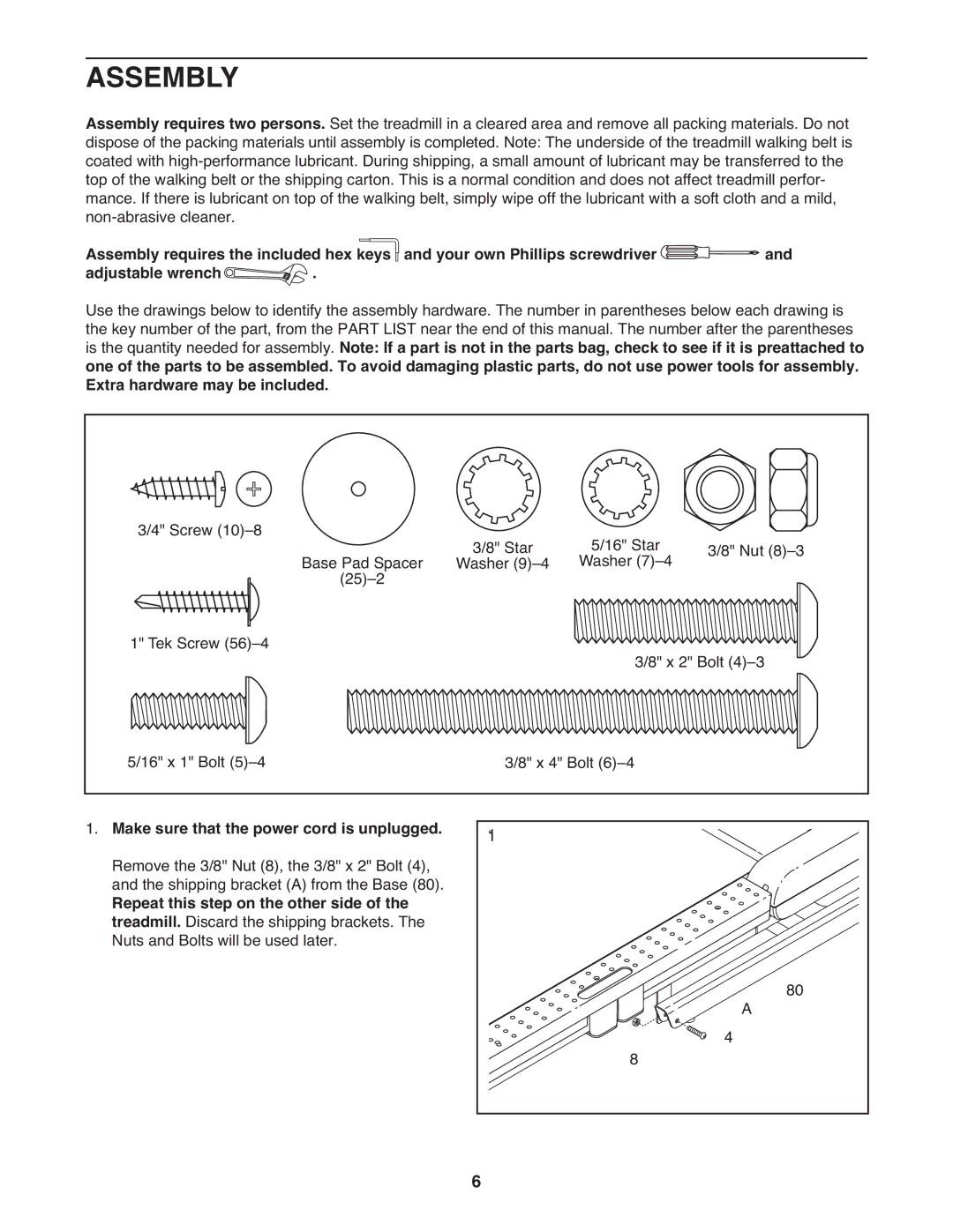 ProForm PETL71707.0 manual Assembly, Make sure that the power cord is unplugged, Repeat this step on the other side 