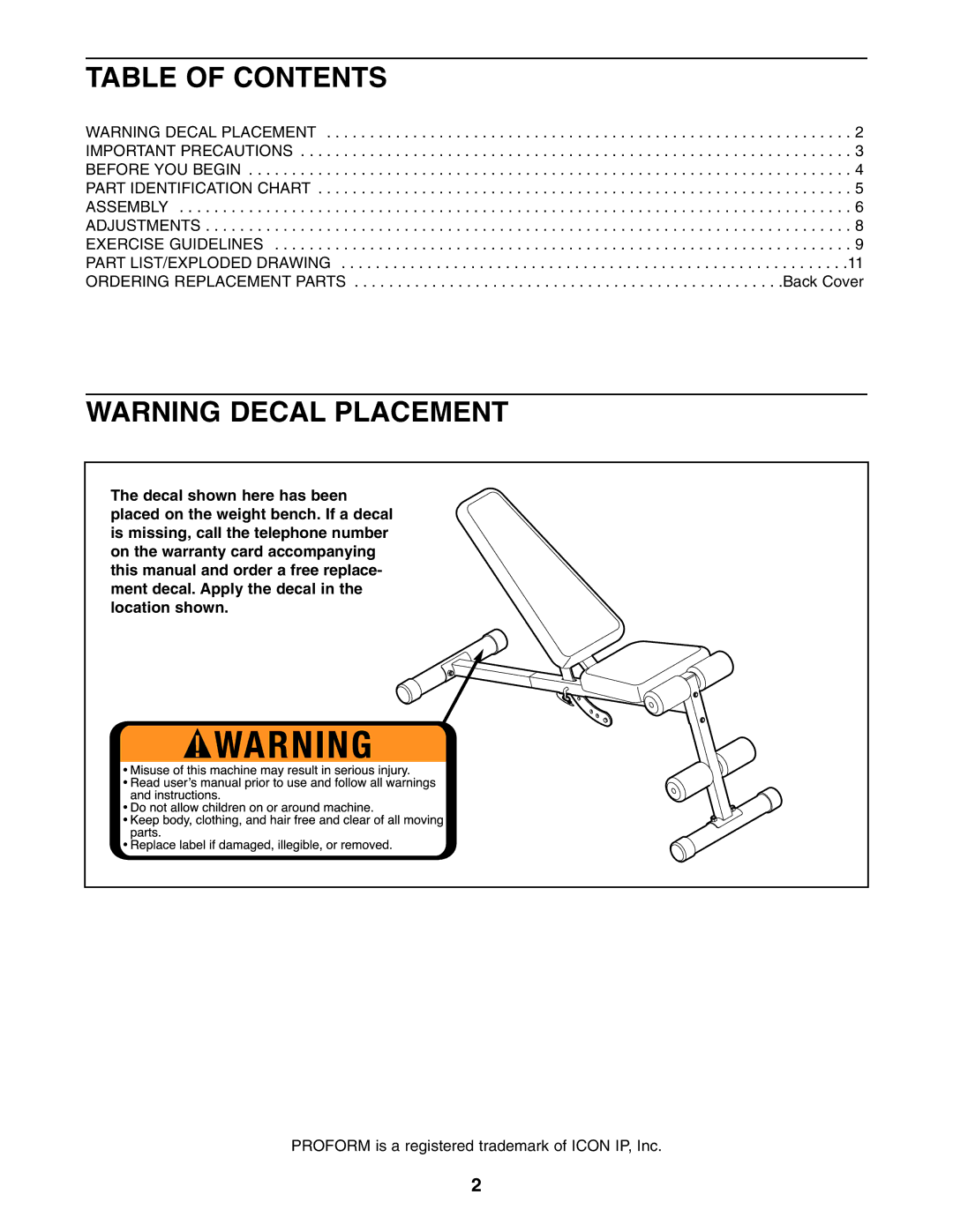 ProForm PFANBE1425.0 user manual Table of Contents 