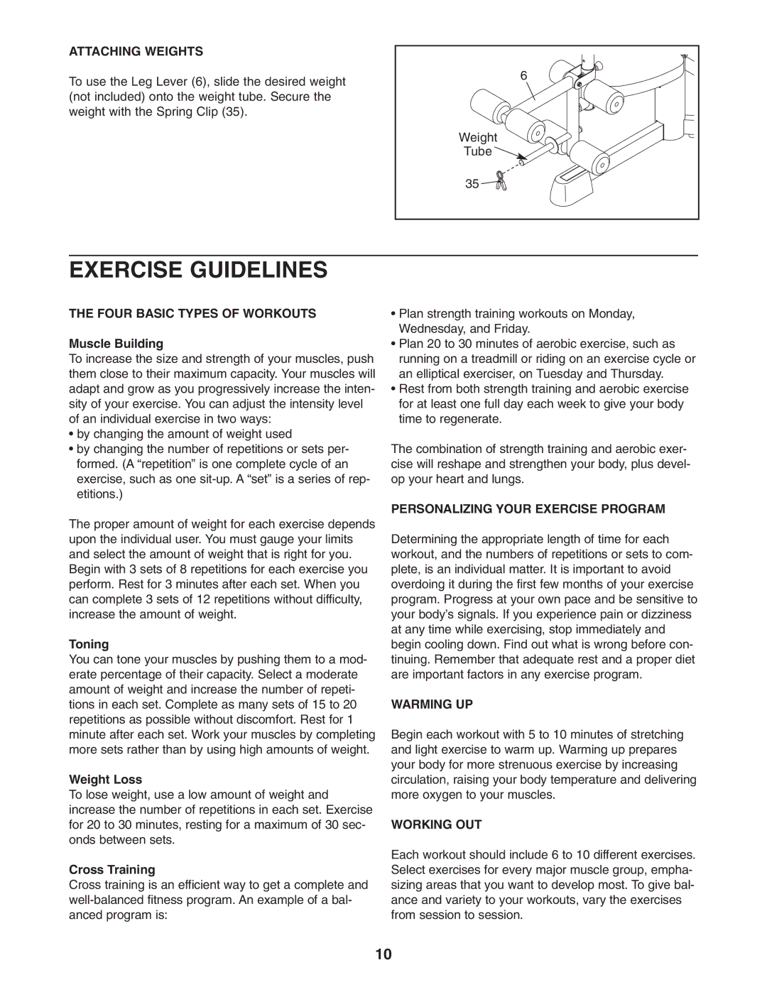 ProForm PFANBE2525.0 user manual Exercise Guidelines, Muscle Building, Toning, Weight Loss, Cross Training 