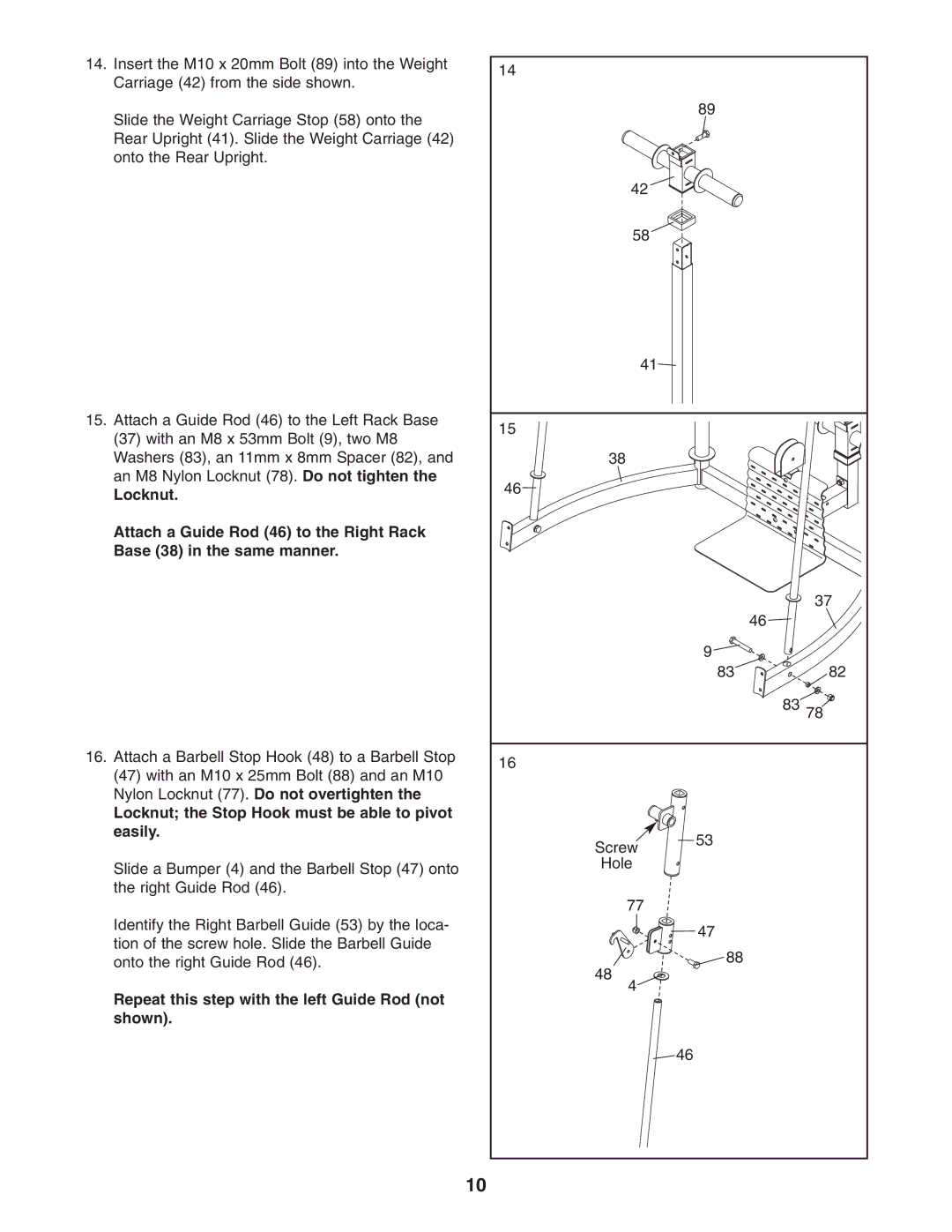 ProForm PFANBE3525.0 user manual Locknut the Stop Hook must be able to pivot easily 