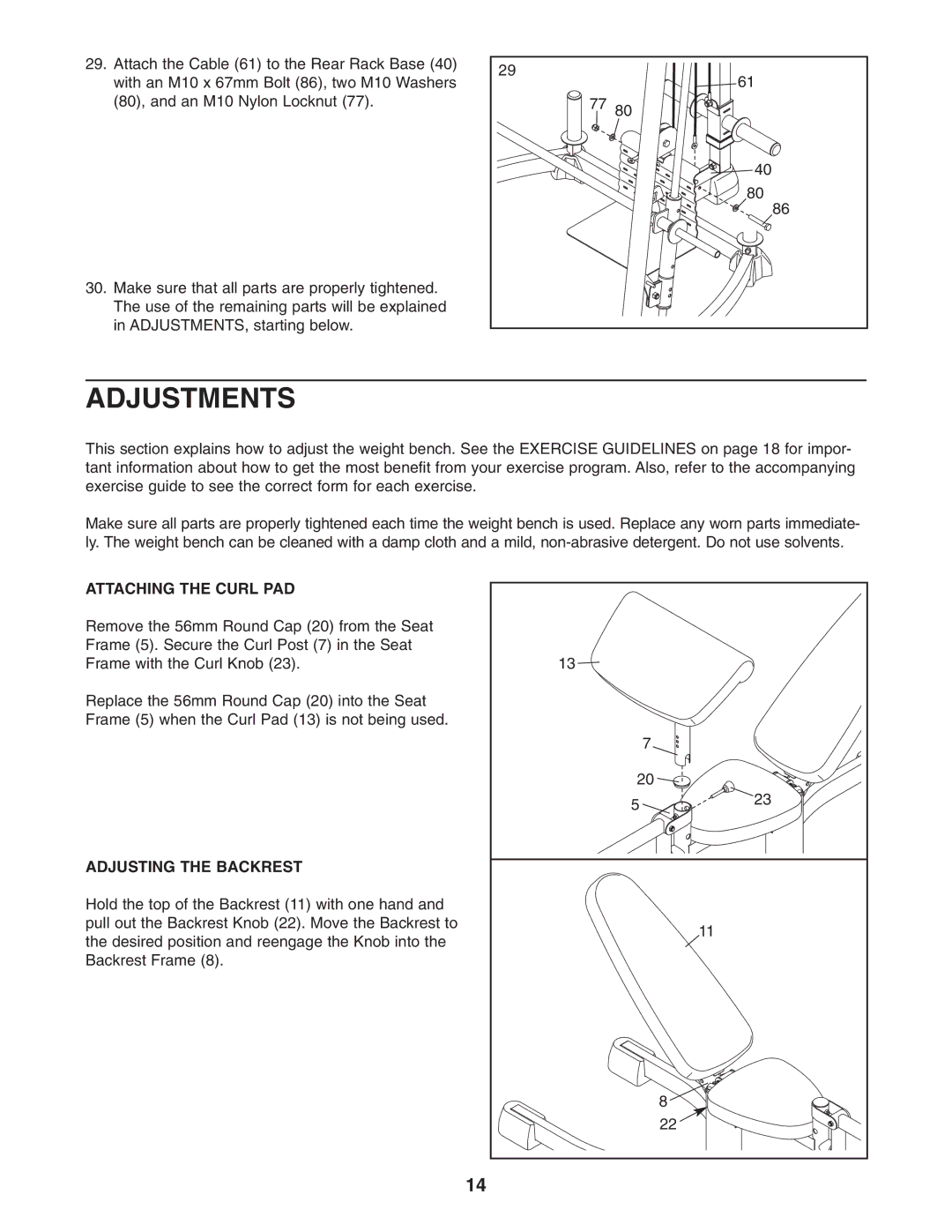 ProForm PFANBE3525.0 user manual Adjustments, Attaching the Curl PAD, Adjusting the Backrest 