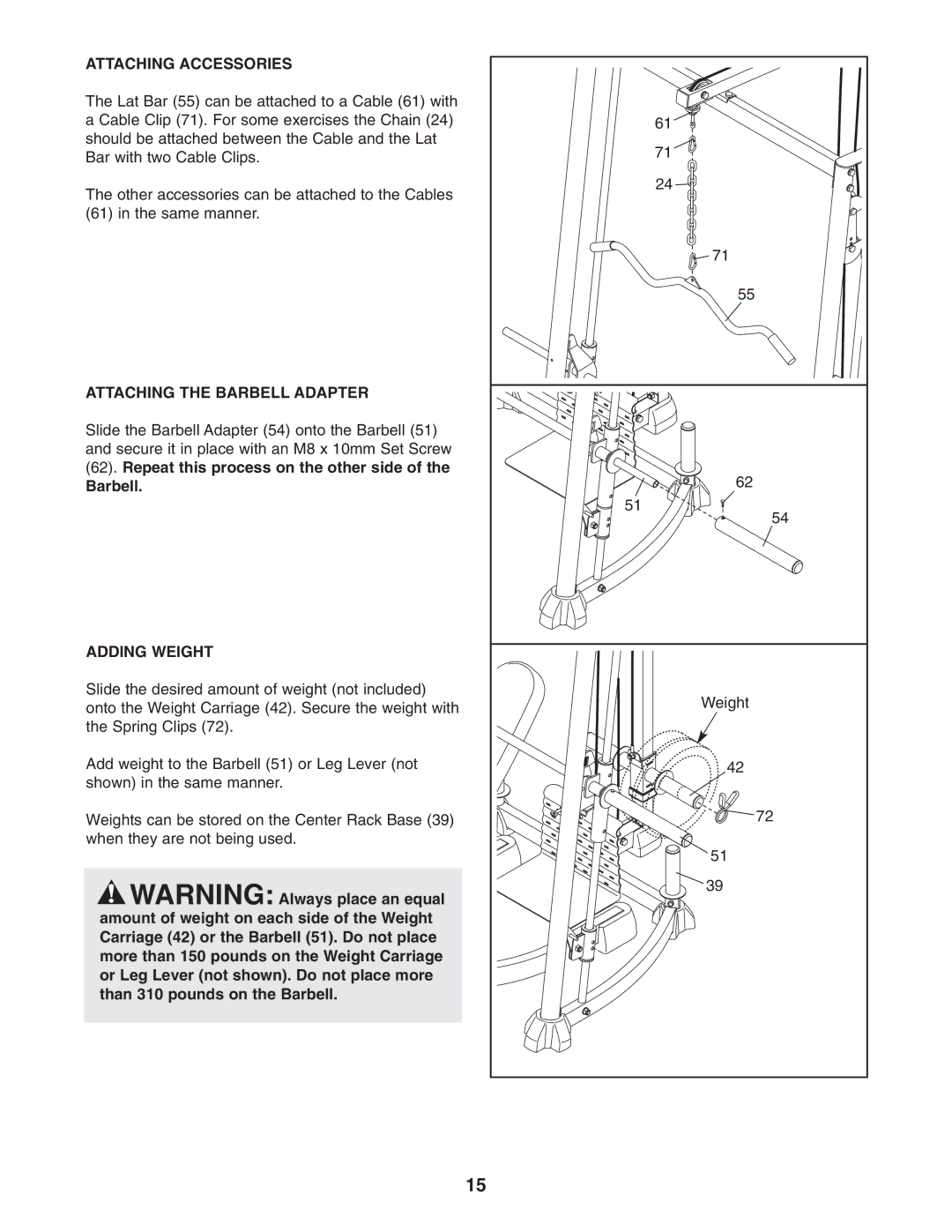 ProForm PFANBE3525.0 user manual Attaching Accessories, Attaching the Barbell Adapter, Adding Weight 