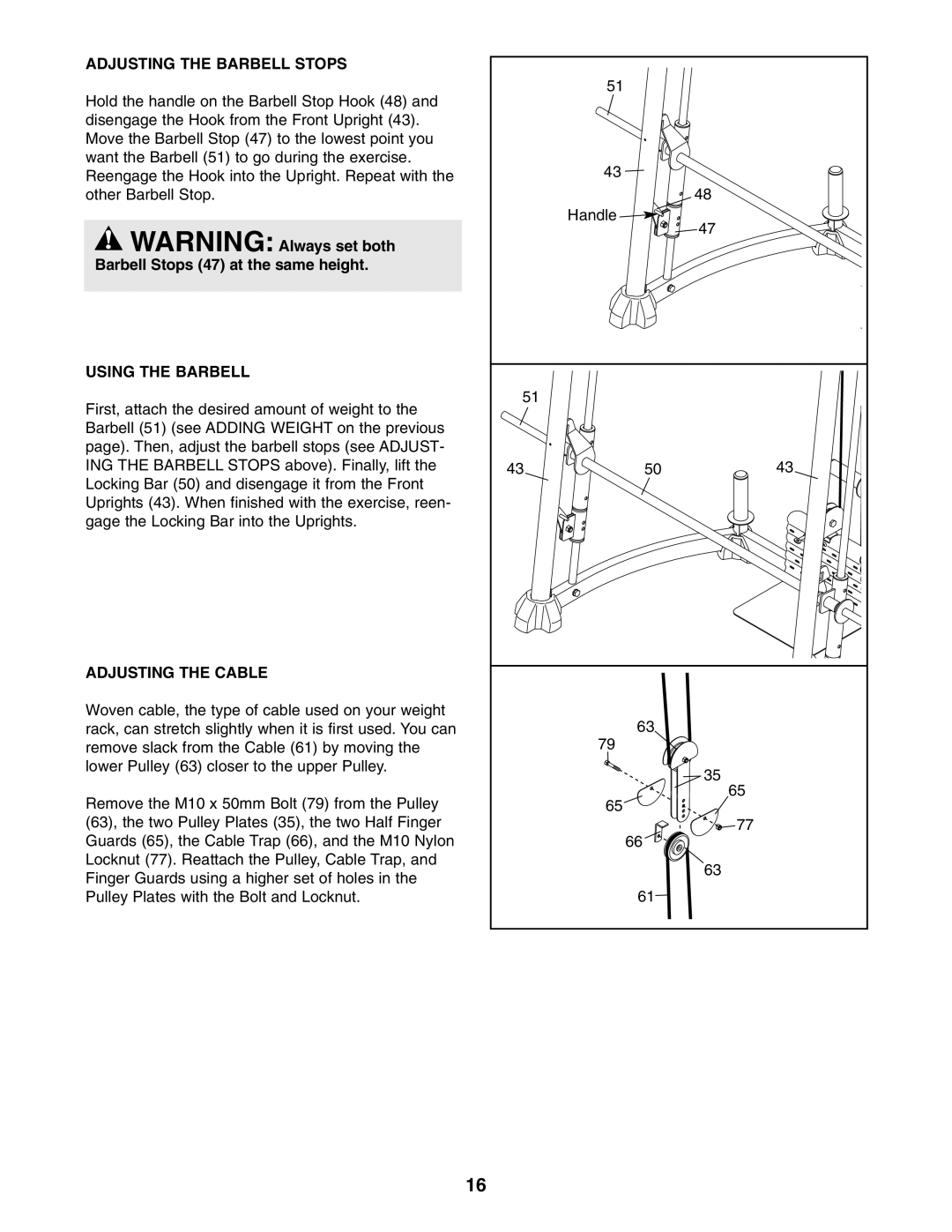 ProForm PFANBE3525.0 user manual Adjusting the Barbell Stops, Using the Barbell, Adjusting the Cable 