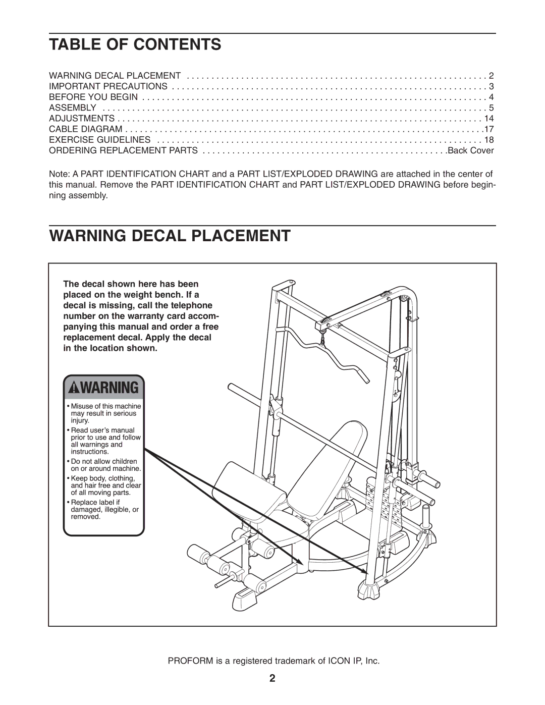 ProForm PFANBE3525.0 user manual Table of Contents 