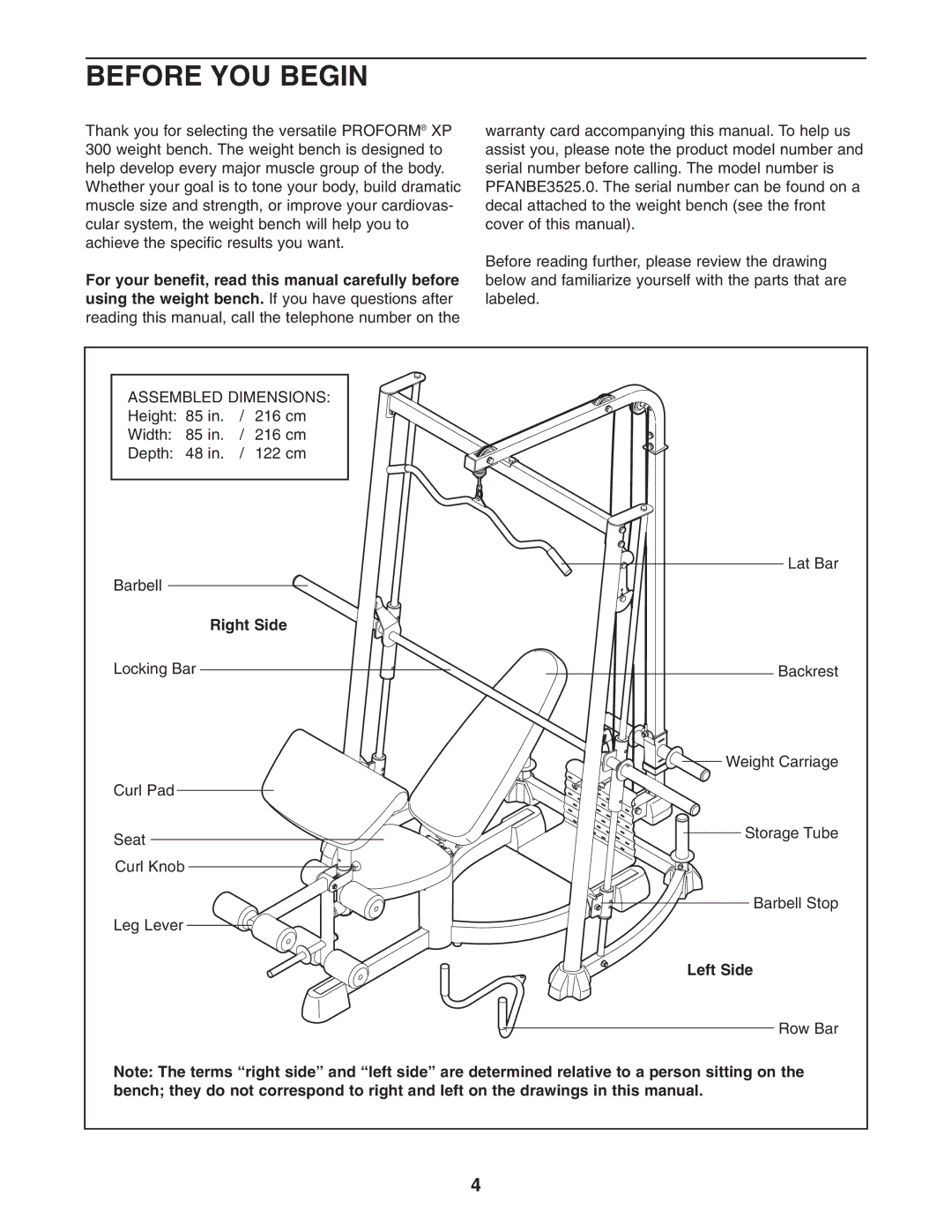 ProForm PFANBE3525.0 user manual Before YOU Begin, Right Side, Left Side 