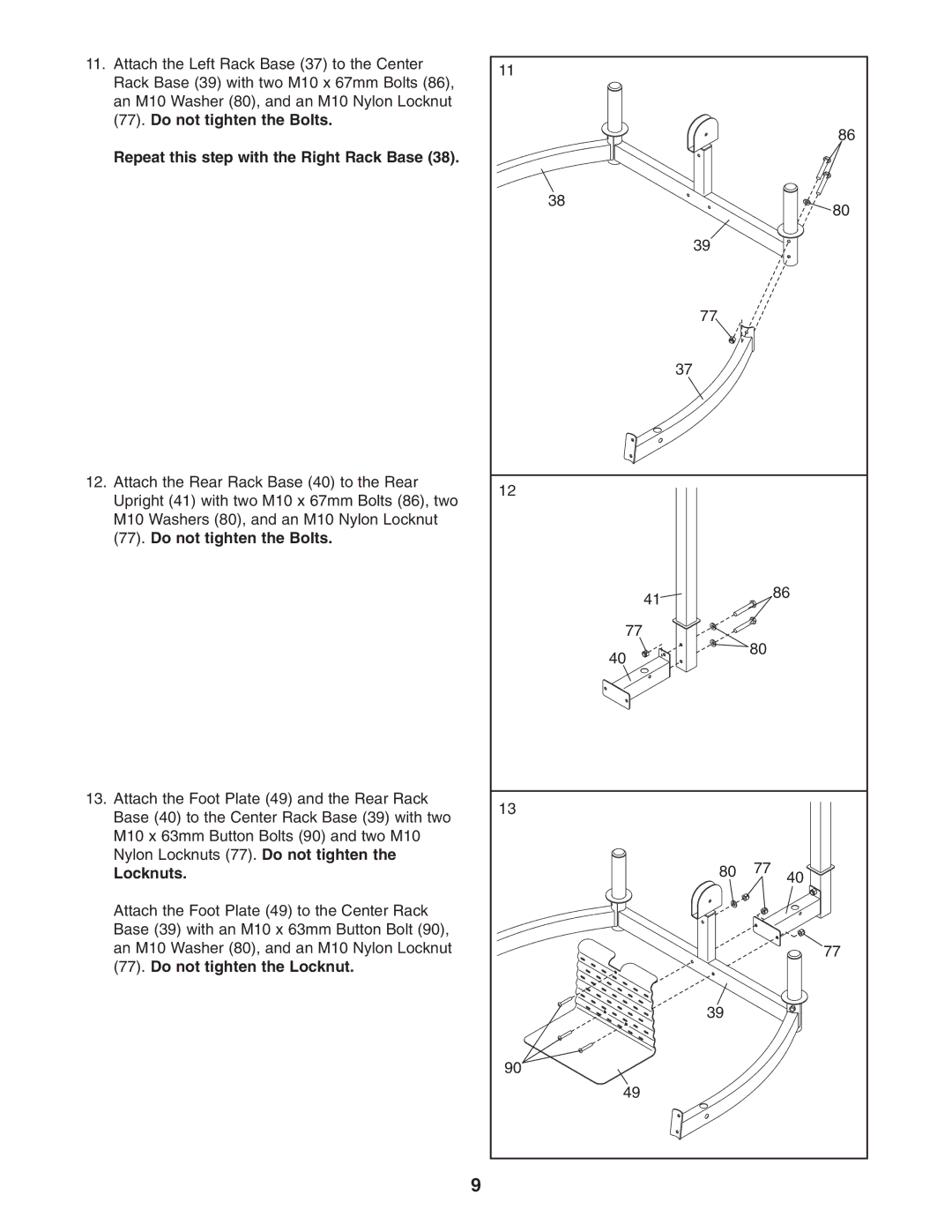 ProForm PFANBE3525.0 user manual Repeat this step with the Right Rack Base, Locknuts 