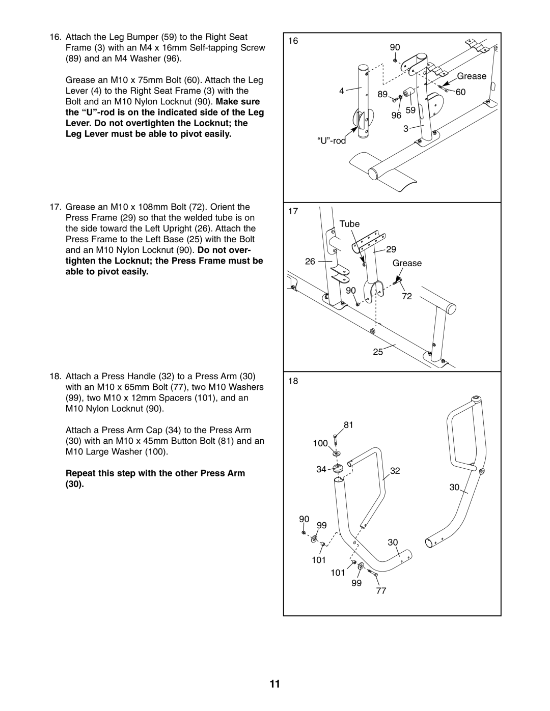 ProForm PFANSY9825.1 user manual Repeat this step with the other Press Arm 