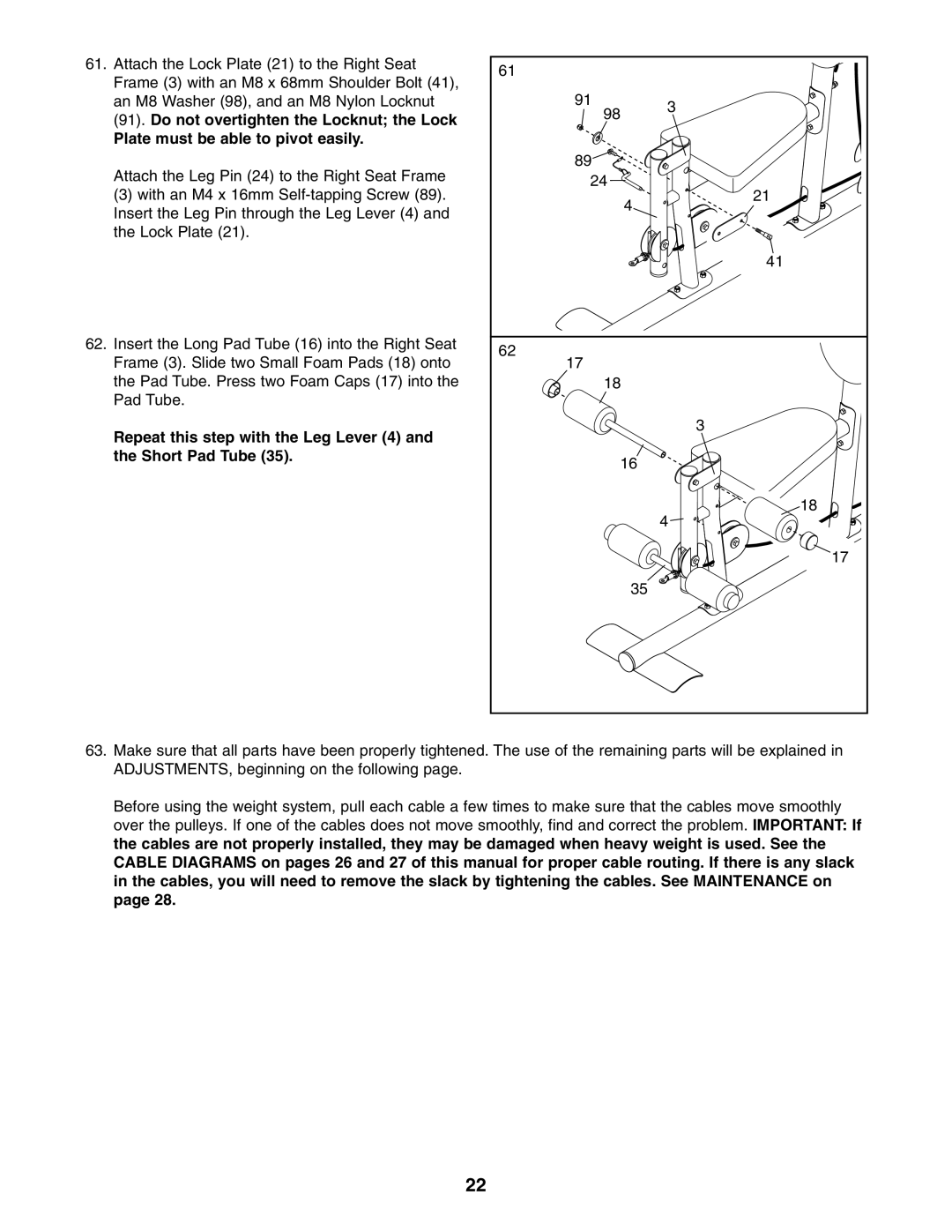 ProForm PFANSY9825.1 user manual Repeat this step with the Leg Lever 4 and the Short Pad Tube 