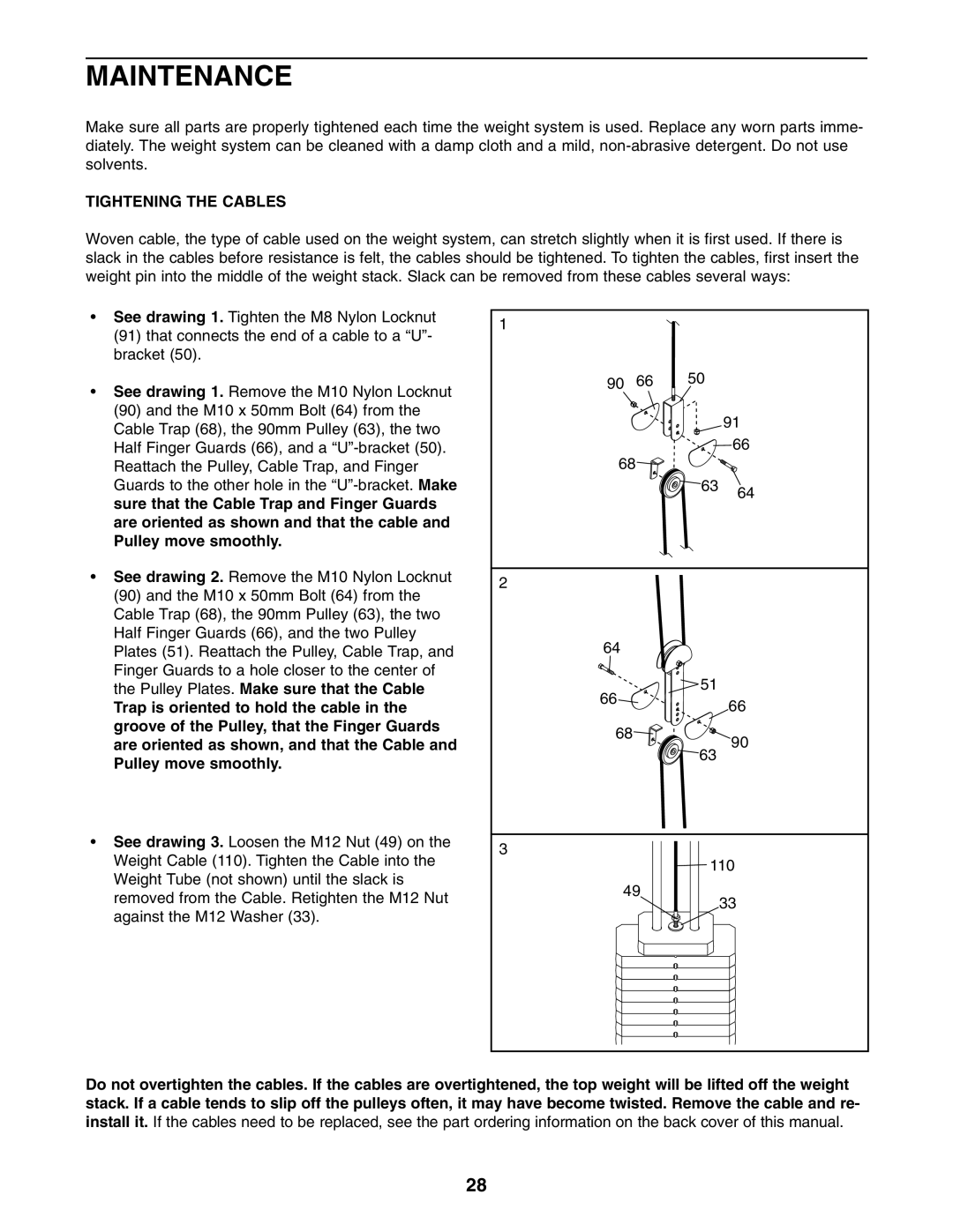 ProForm PFANSY9825.1 user manual Maintenance, Tightening the Cables 