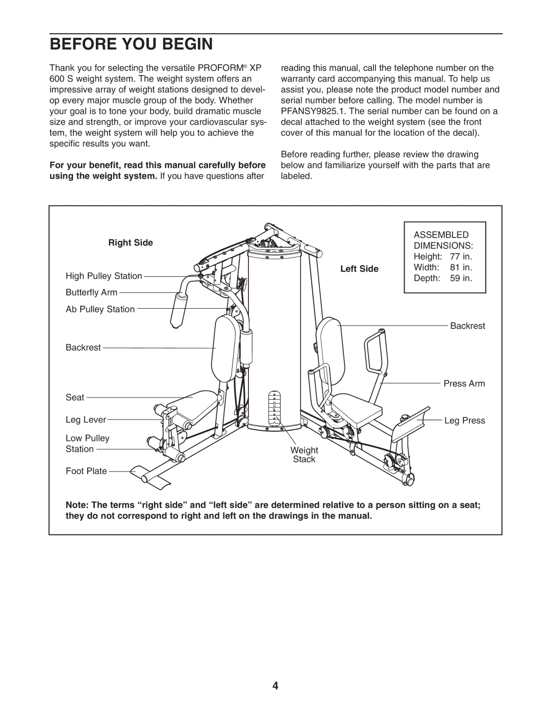 ProForm PFANSY9825.1 user manual Before YOU Begin, Right Side, Left Side 