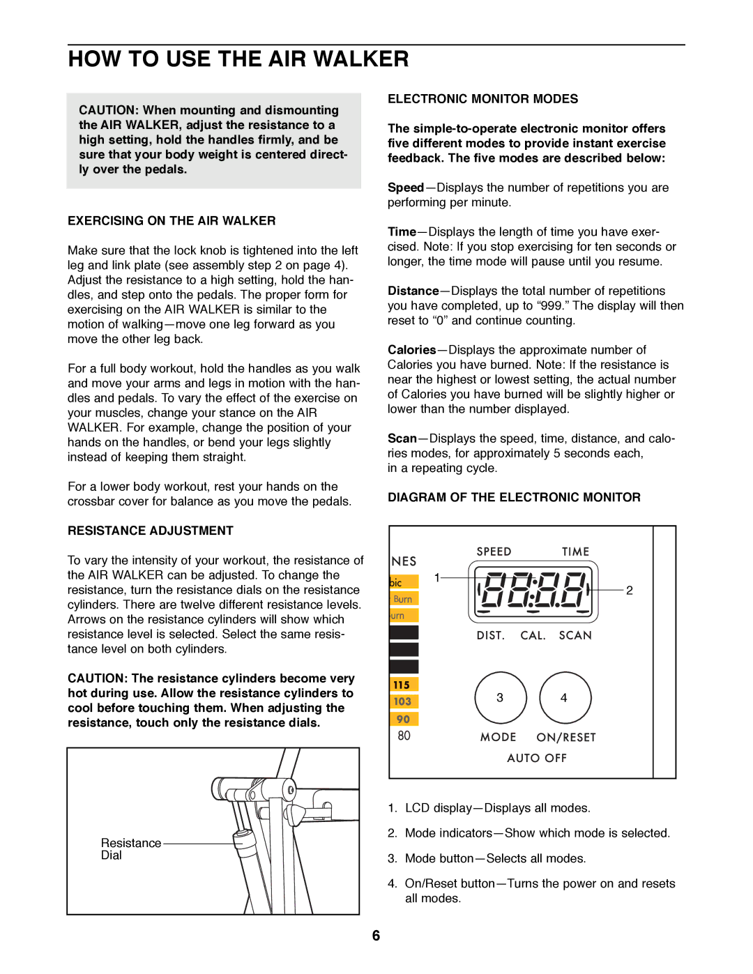 ProForm PFAW75072 HOW to USE the AIR Walker, Electronic Monitor Modes, Exercising on the AIR Walker, Resistance Adjustment 