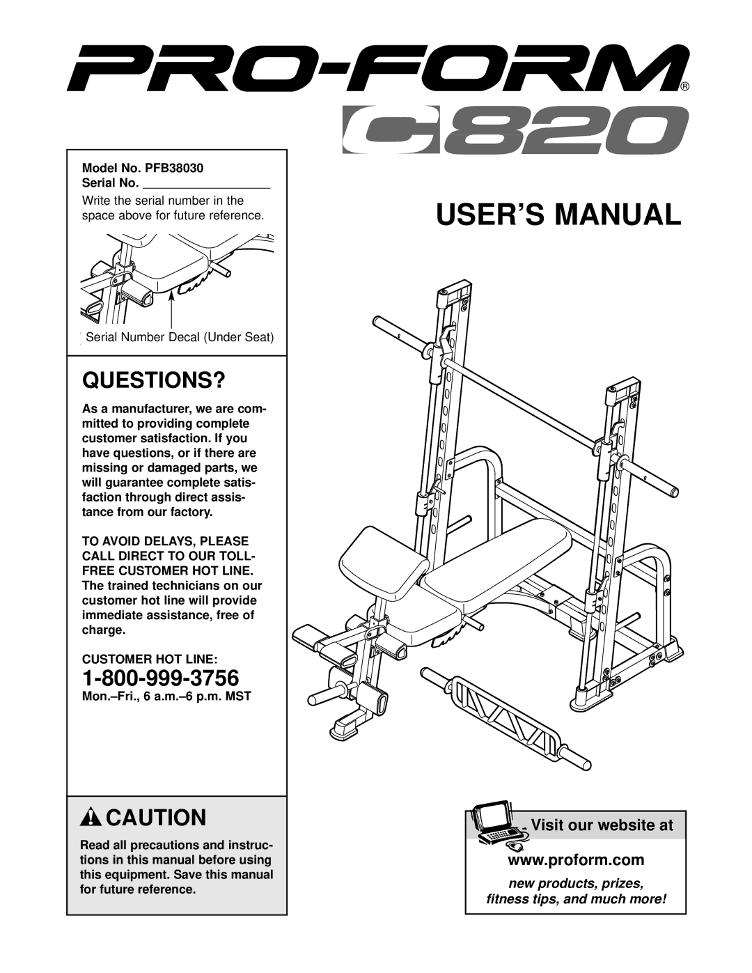 ProForm user manual Questions?, Model No. PFB38030 Serial No, Customer HOT Line 