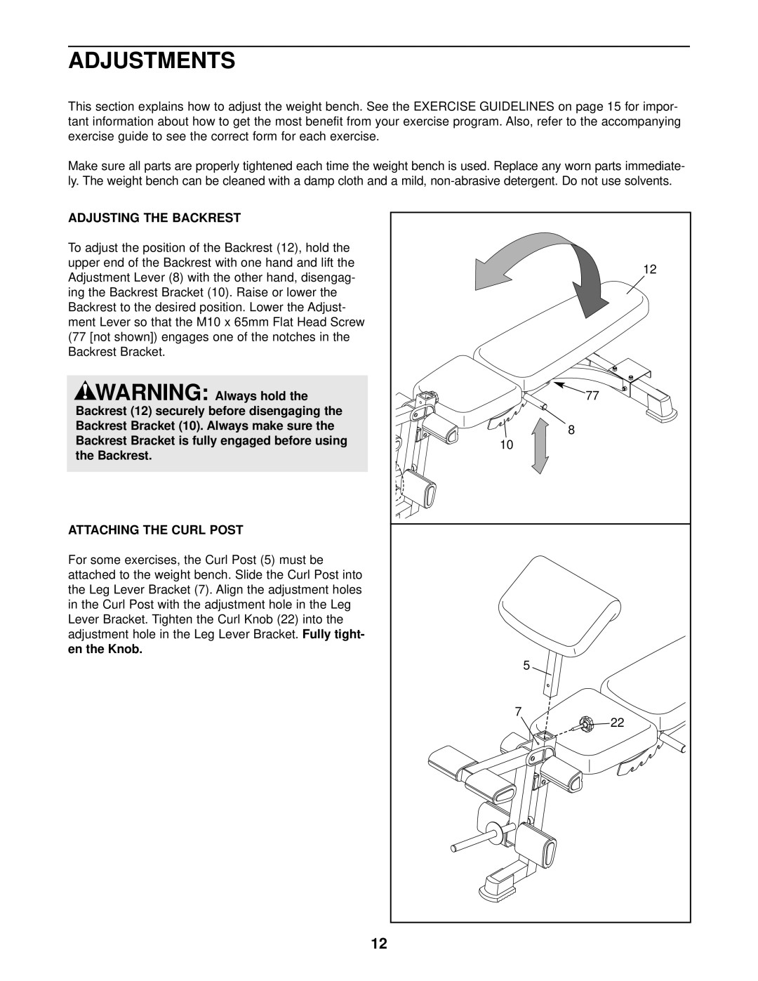 ProForm PFB38030 user manual Adjustments, Adjusting the Backrest, Attaching the Curl Post 