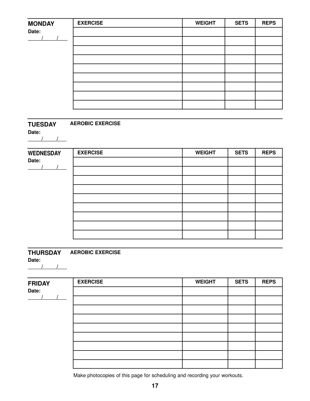 ProForm PFB38030 user manual Exercise Weight Sets Reps, Thursday Aerobic Exercise Date 