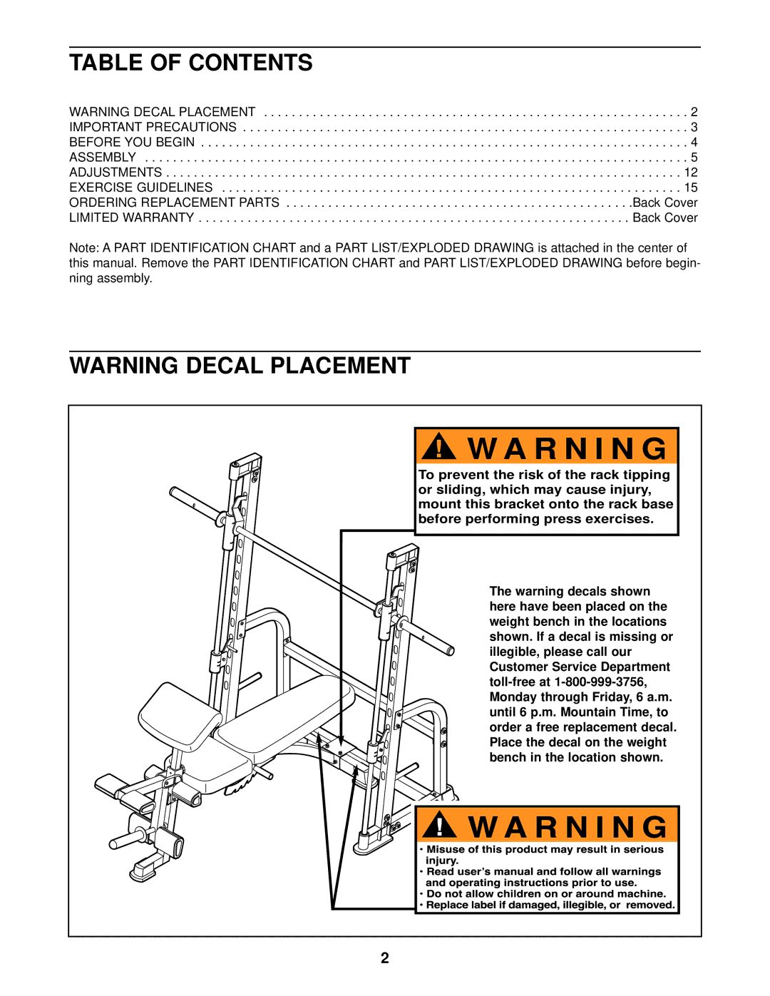 ProForm PFB38030 user manual R N I N G, Table of Contents 