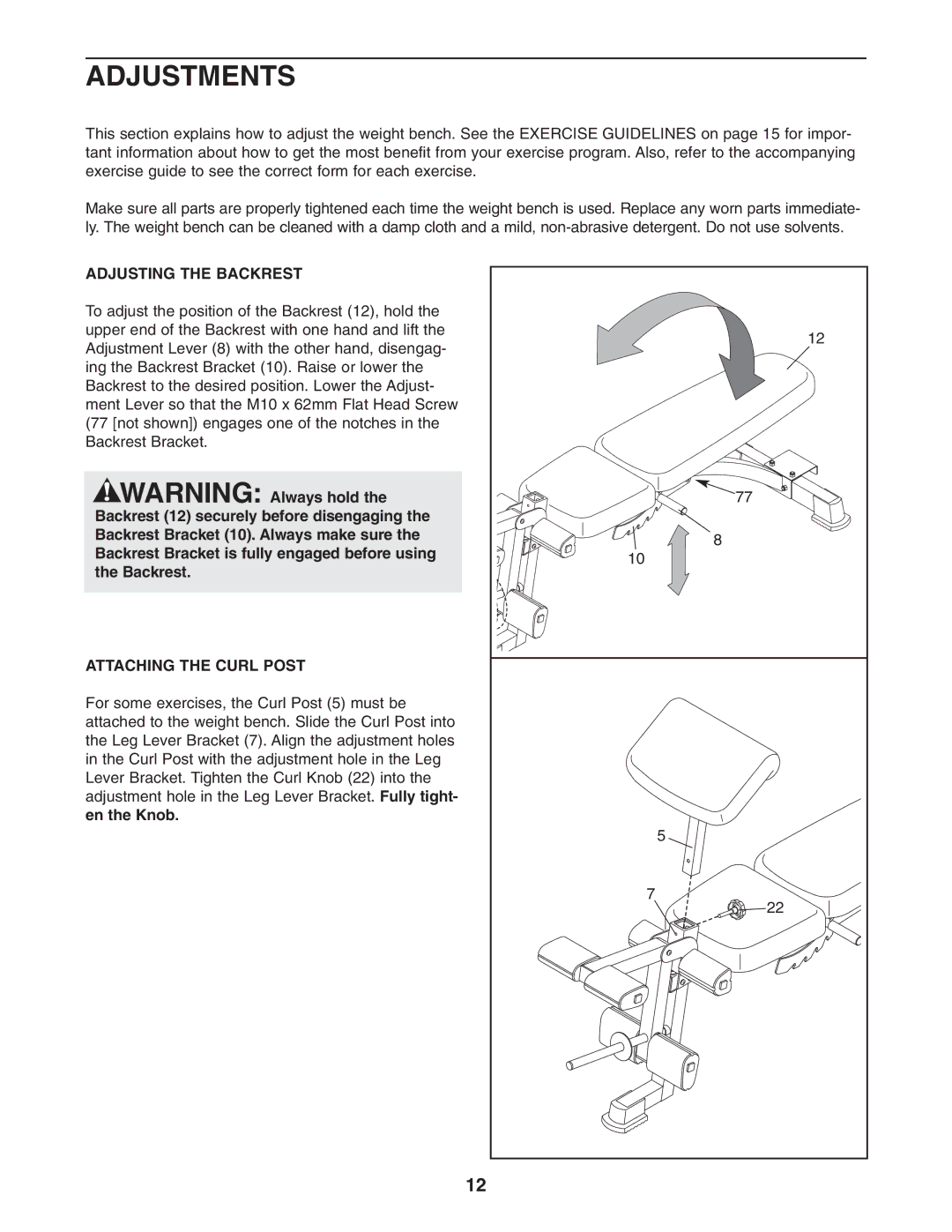 ProForm PFB38031 user manual Adjustments, Adjusting the Backrest, Attaching the Curl Post 