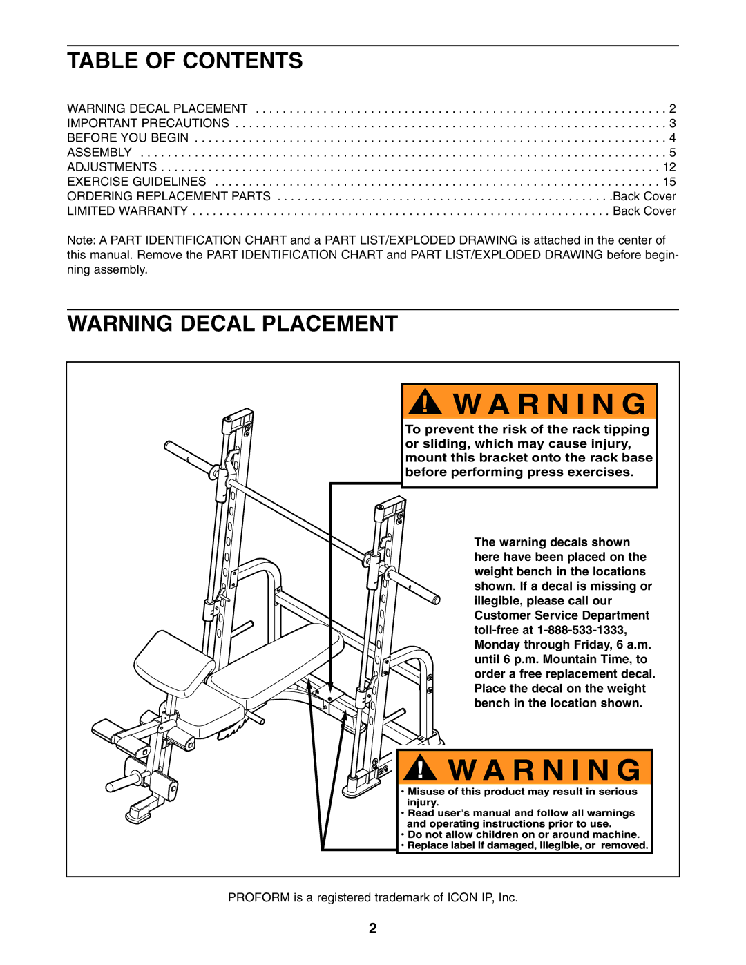 ProForm PFB38031 user manual R N I N G, Table of Contents 