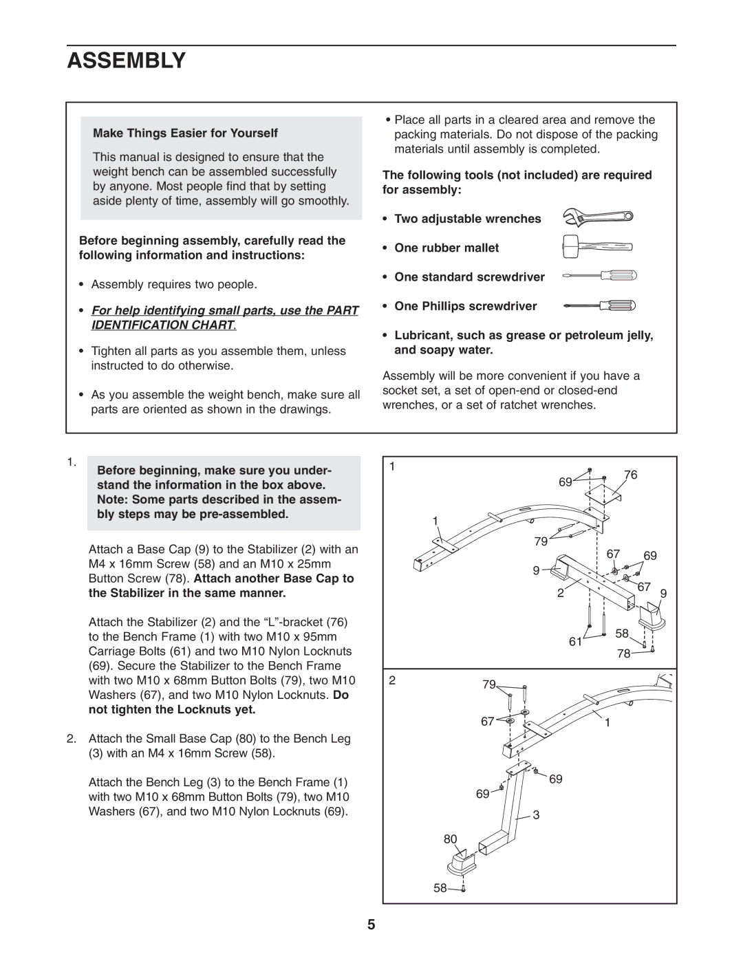 ProForm PFB38031 user manual Assembly, Make Things Easier for Yourself, Not tighten the Locknuts yet 