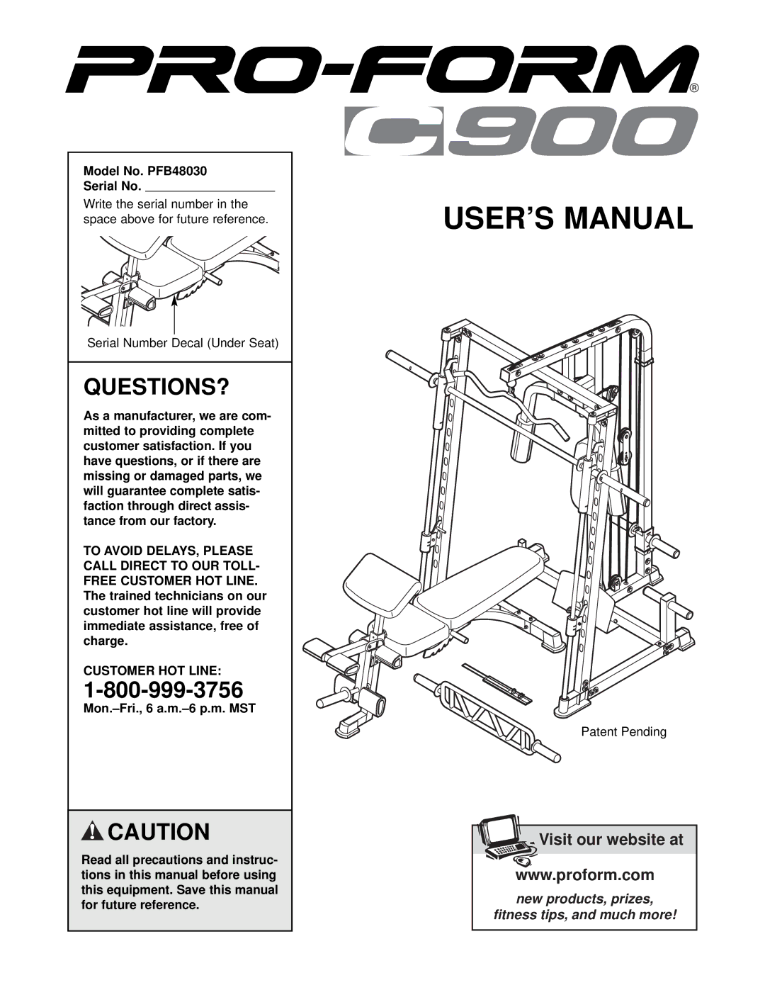 ProForm user manual Questions?, Model No. PFB48030 Serial No, Customer HOT Line 