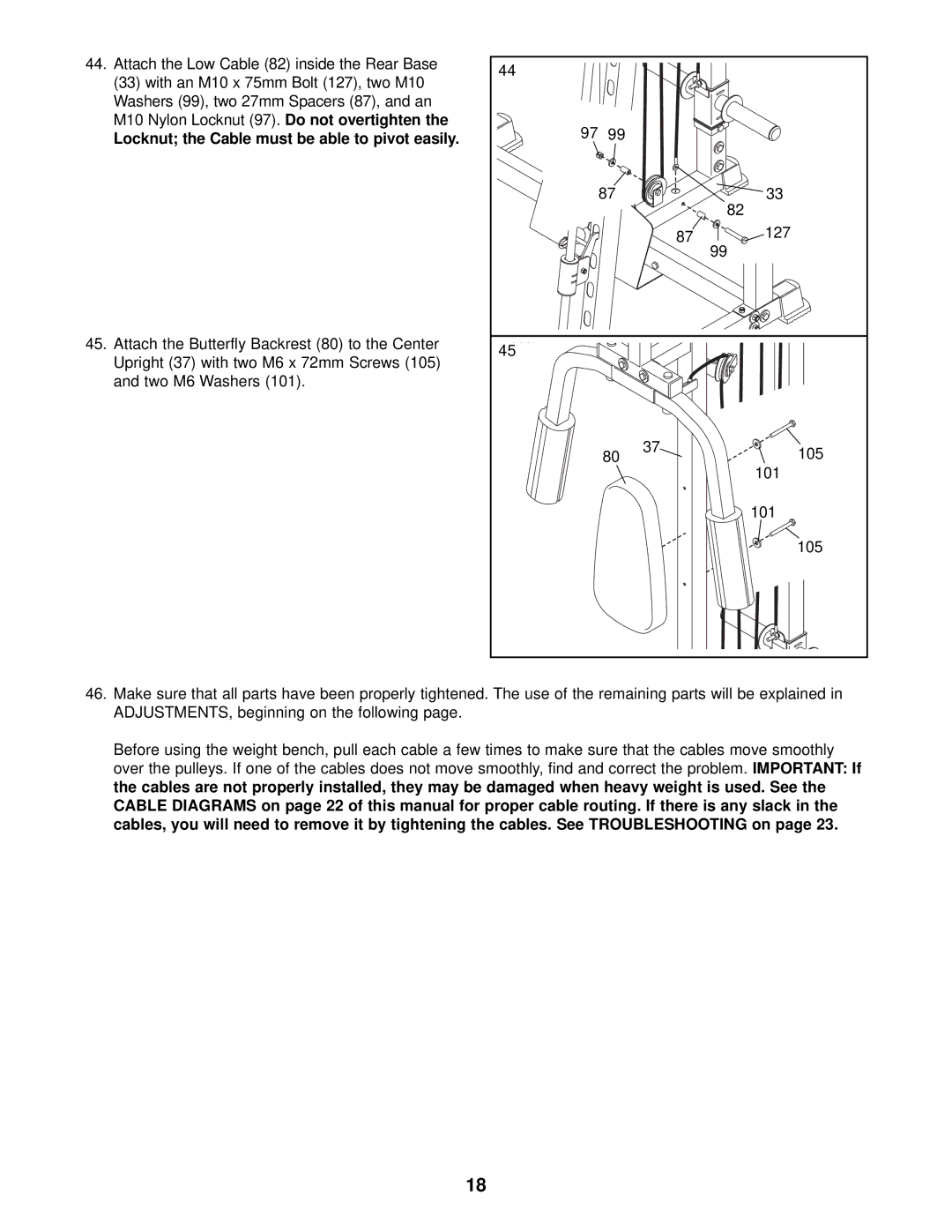 ProForm PFB48030 user manual Locknut the Cable must be able to pivot easily 