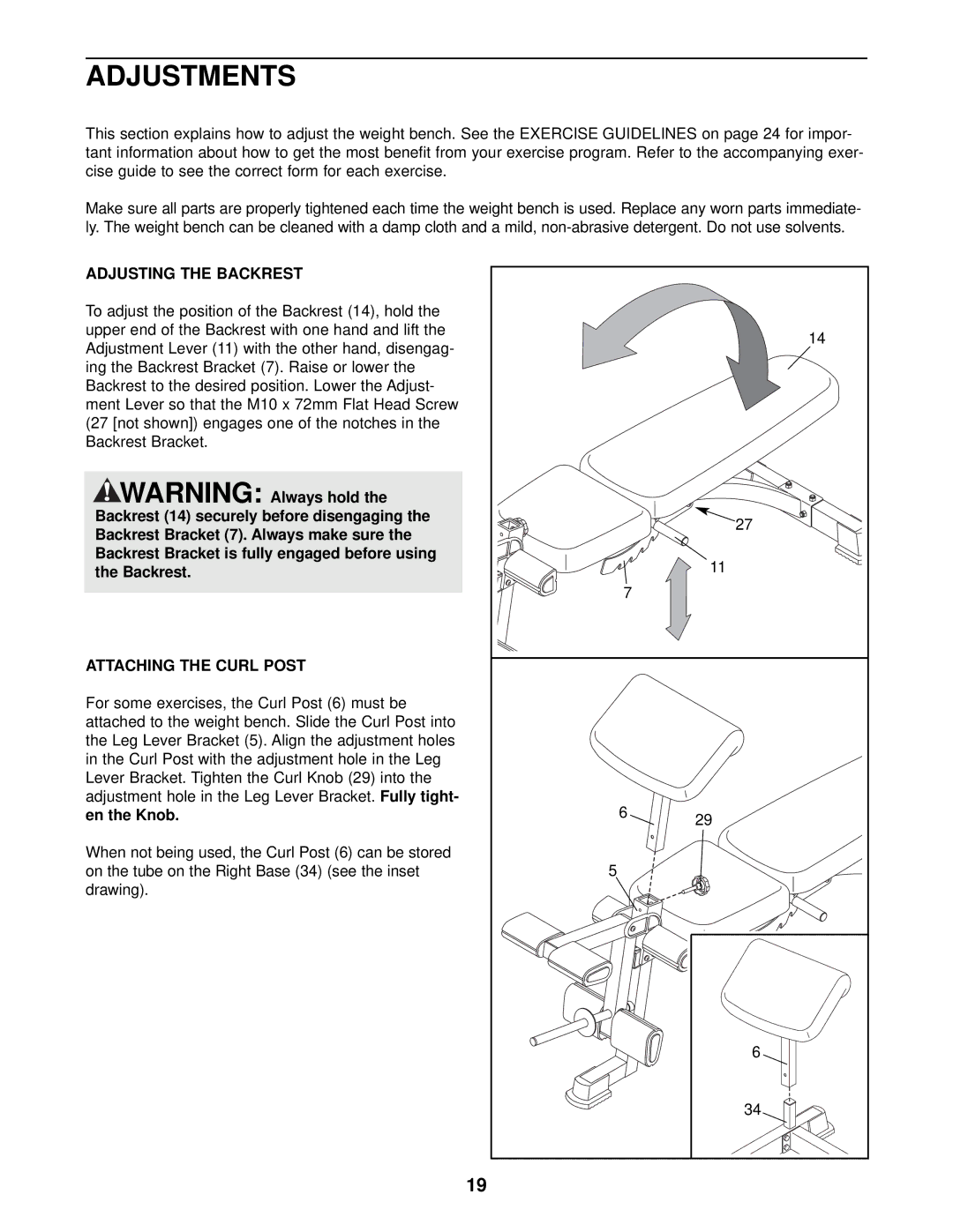 ProForm PFB48030 user manual Adjustments, Adjusting the Backrest, Attaching the Curl Post 