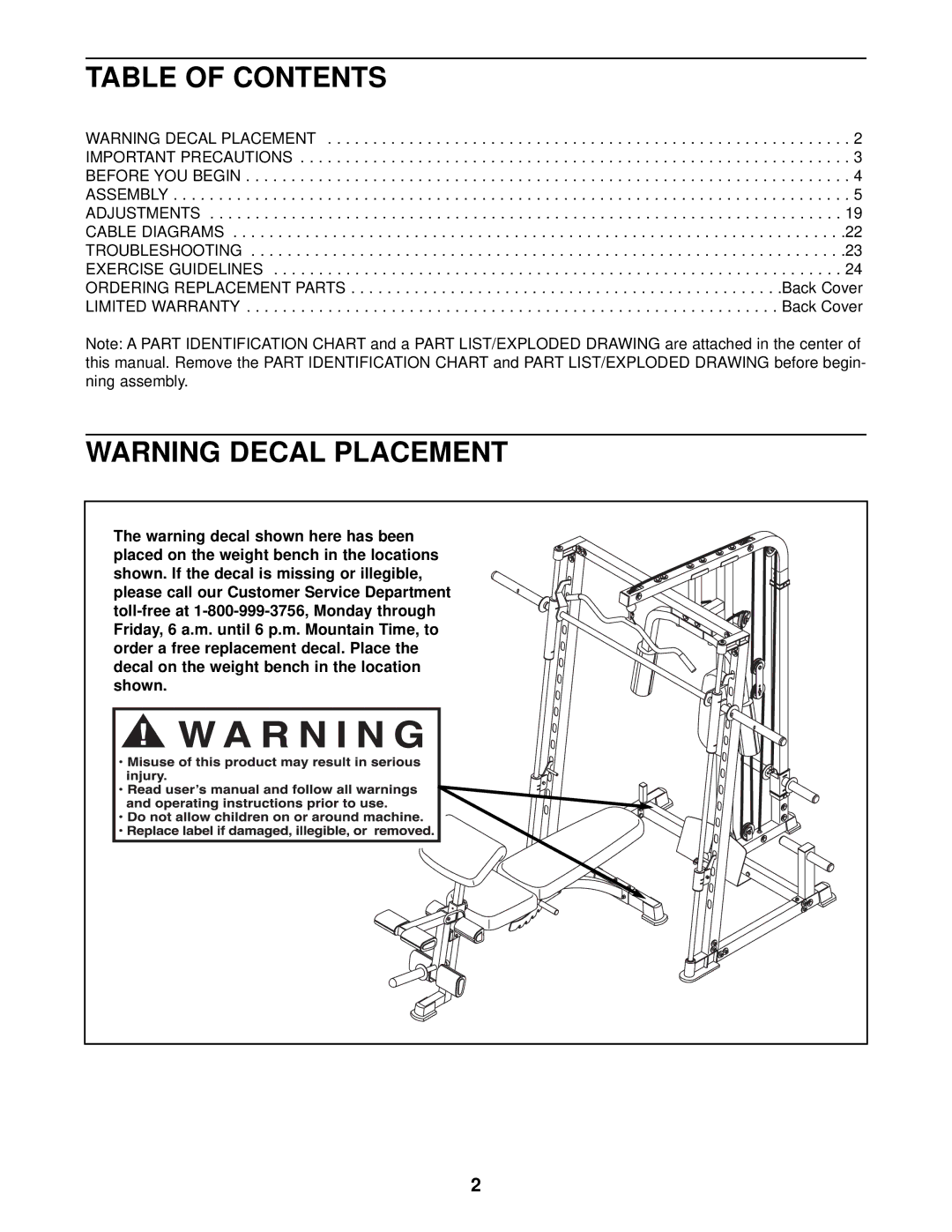 ProForm PFB48030 user manual Table of Contents 