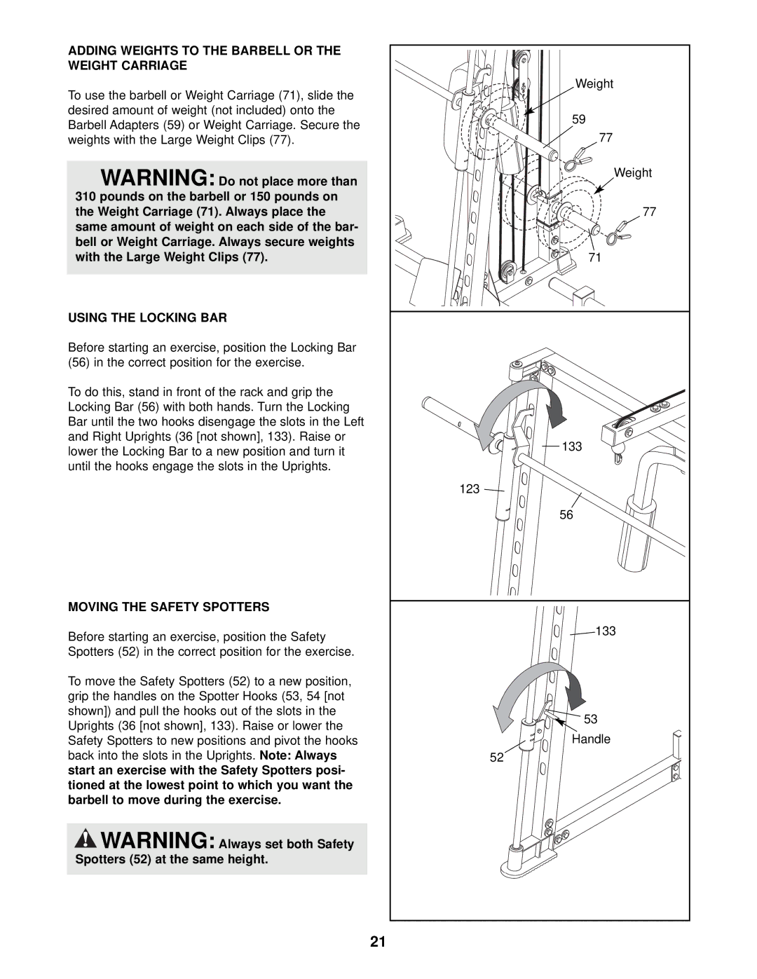 ProForm PFB48030 Adding Weights to the Barbell or the Weight Carriage, Using the Locking BAR, Moving the Safety Spotters 