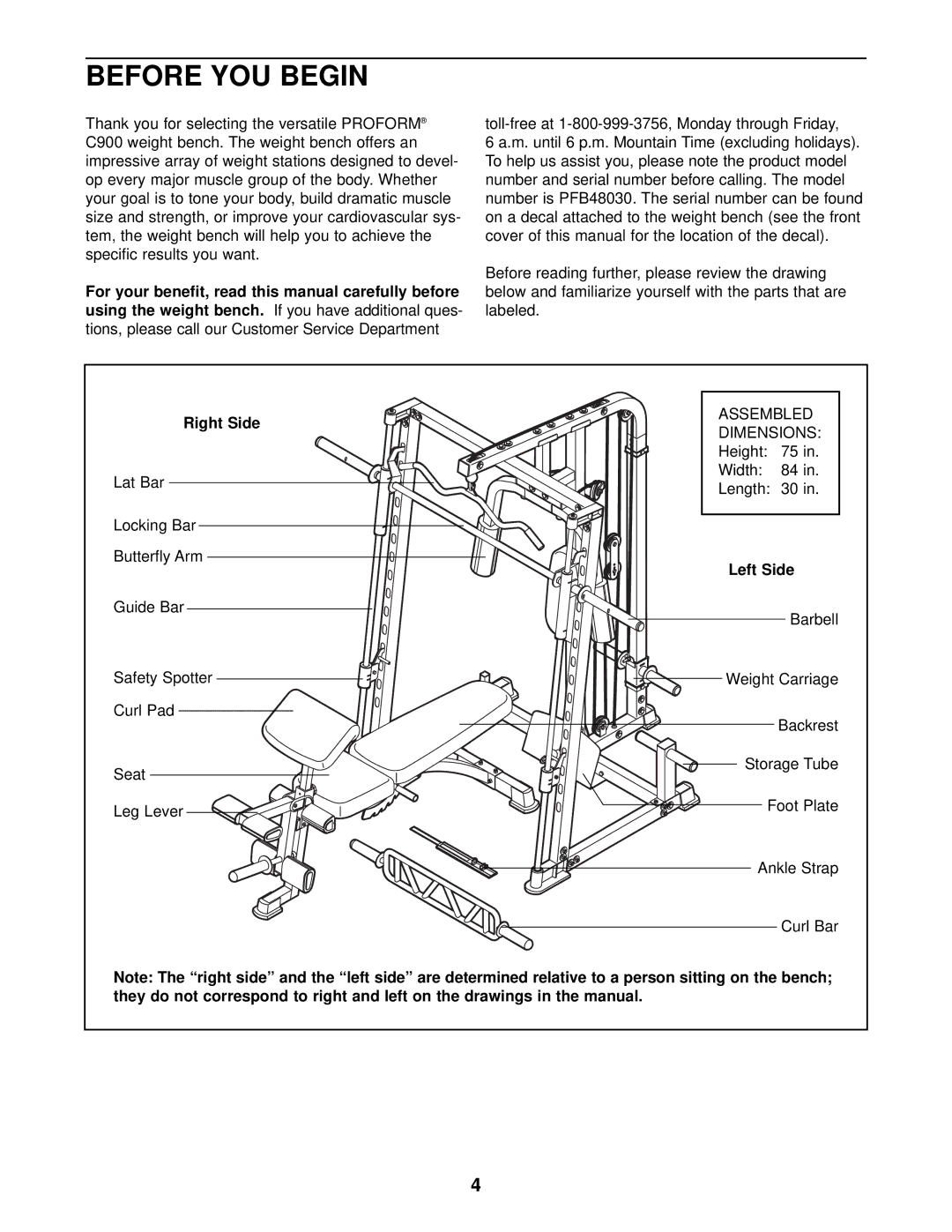 ProForm PFB48030 user manual Before YOU Begin, Right Side, Left Side 