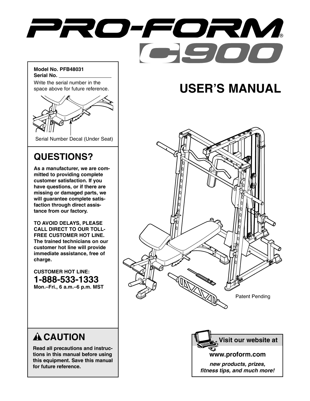 ProForm user manual Questions?, Model No. PFB48031 Serial No, Customer HOT Line 