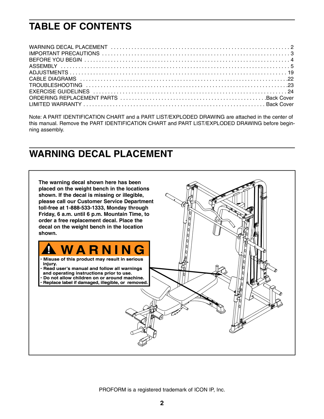 ProForm PFB48031 user manual Table of Contents 