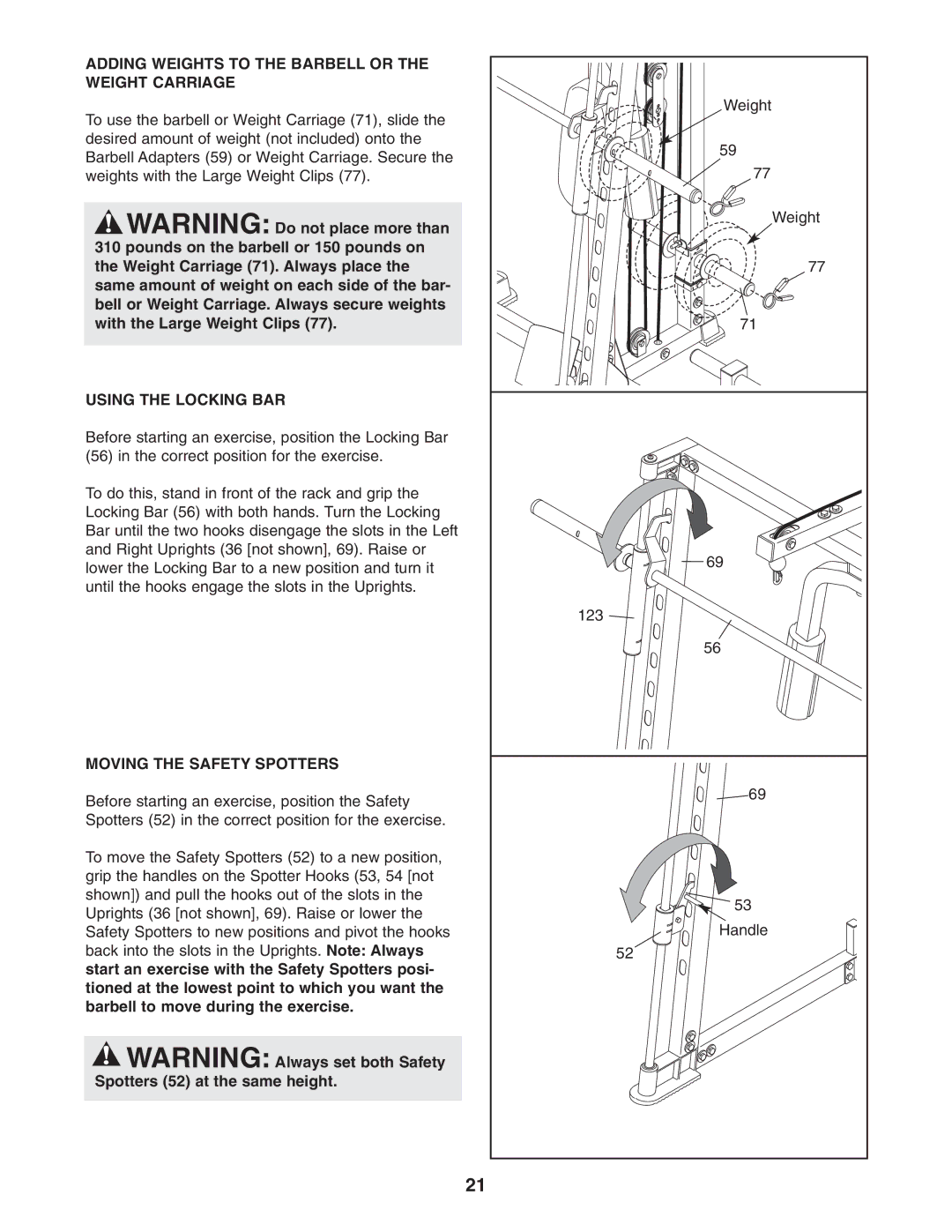 ProForm PFB48031 Adding Weights to the Barbell or the Weight Carriage, Using the Locking BAR, Moving the Safety Spotters 