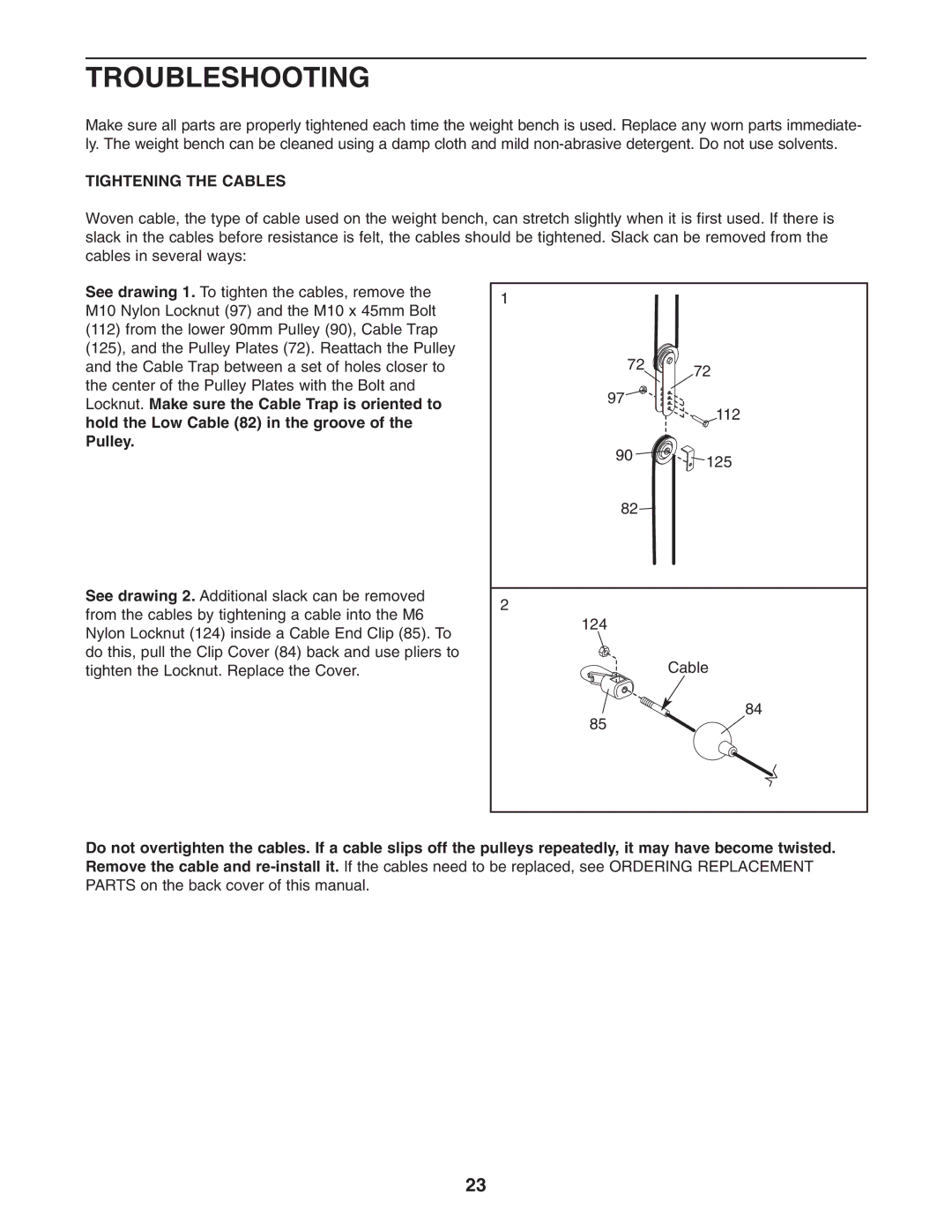 ProForm PFB48031 user manual Troubleshooting, Tightening the Cables 