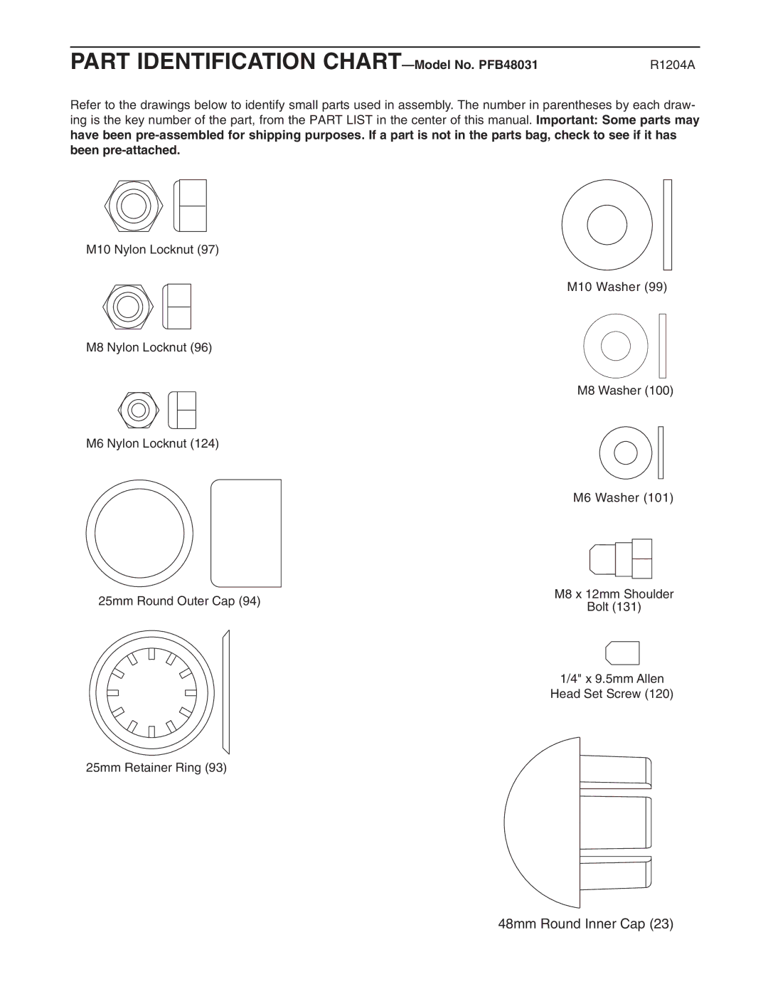 ProForm user manual Part Identification CHART-Model No. PFB48031, R1204A 