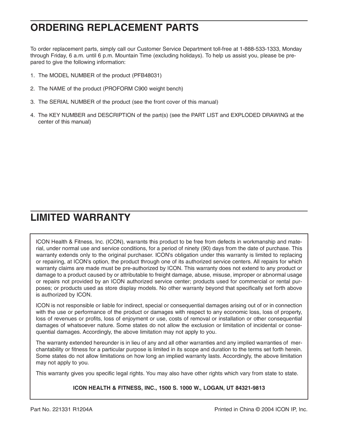 ProForm PFB48031 Ordering Replacement Parts, Limited Warranty, Icon Health & FITNESS, INC., 1500 S W., LOGAN, UT 