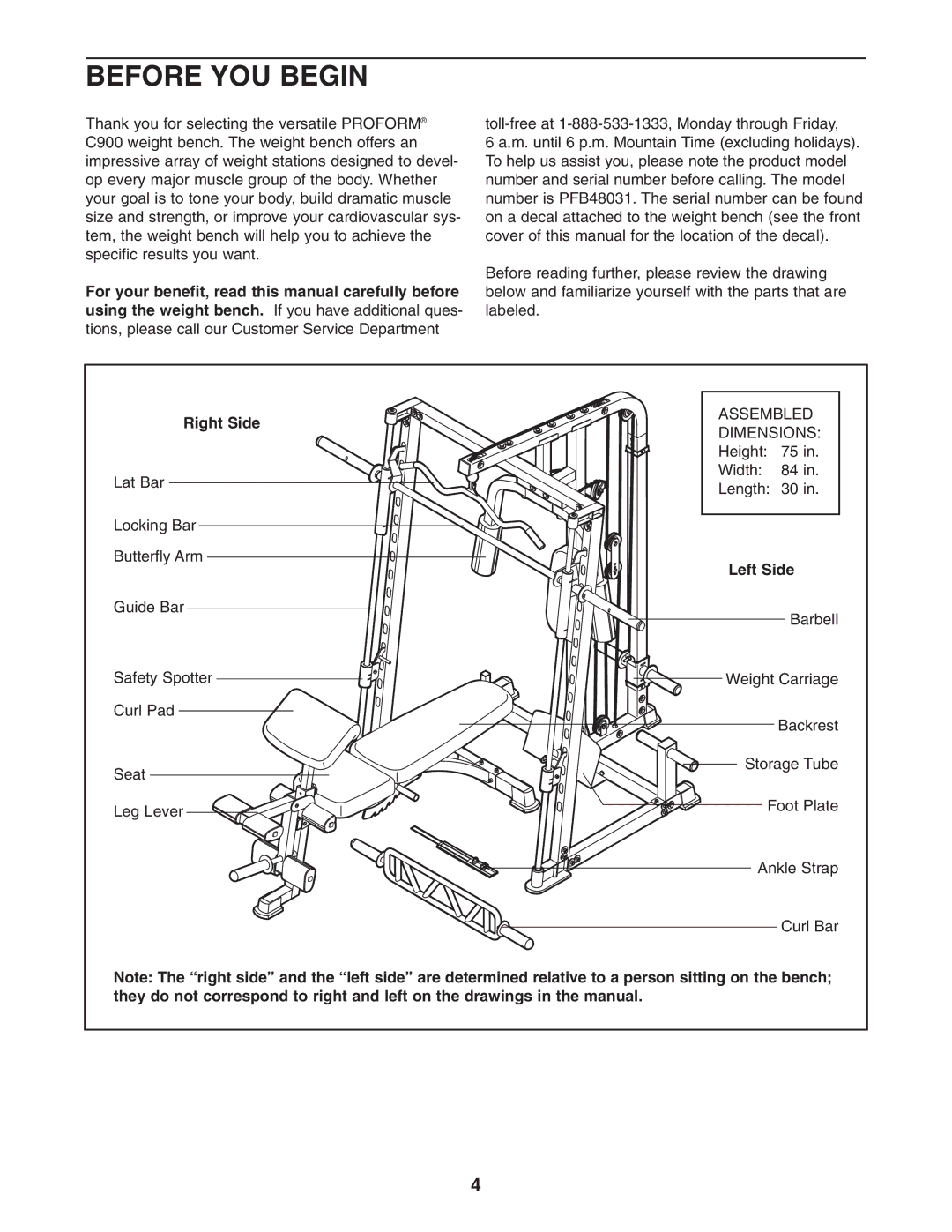 ProForm PFB48031 user manual Before YOU Begin, Right Side, Left Side 