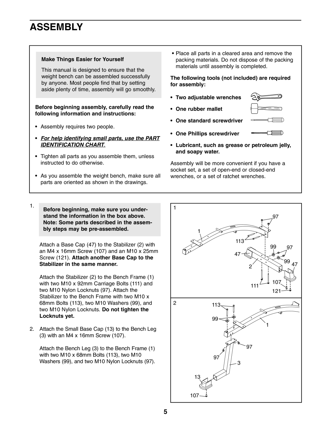 ProForm PFB48031 user manual Assembly, Make Things Easier for Yourself, Stabilizer in the same manner, Locknuts yet 