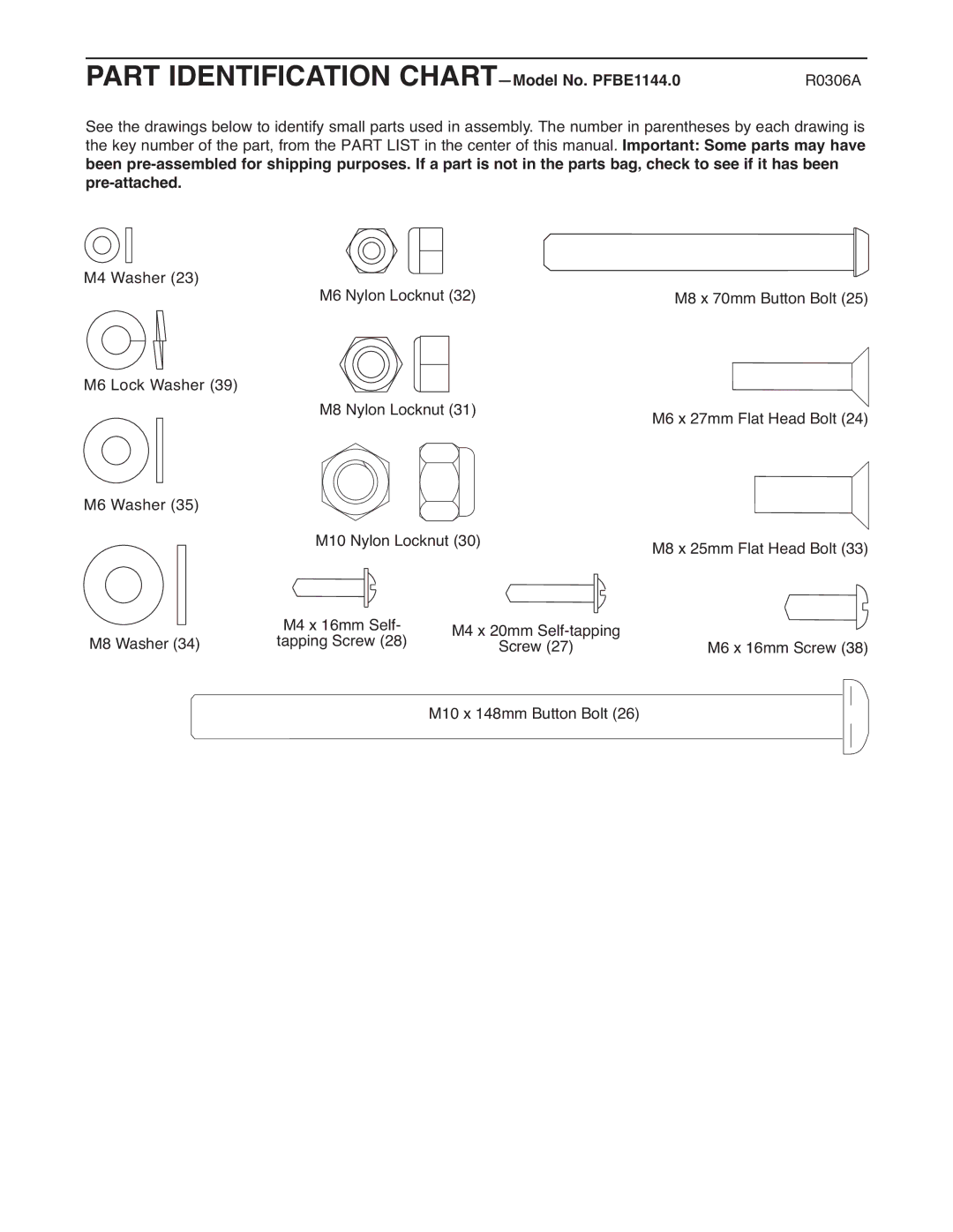 ProForm user manual Part Identification Chart -Model No. PFBE1144.0, R0306A 