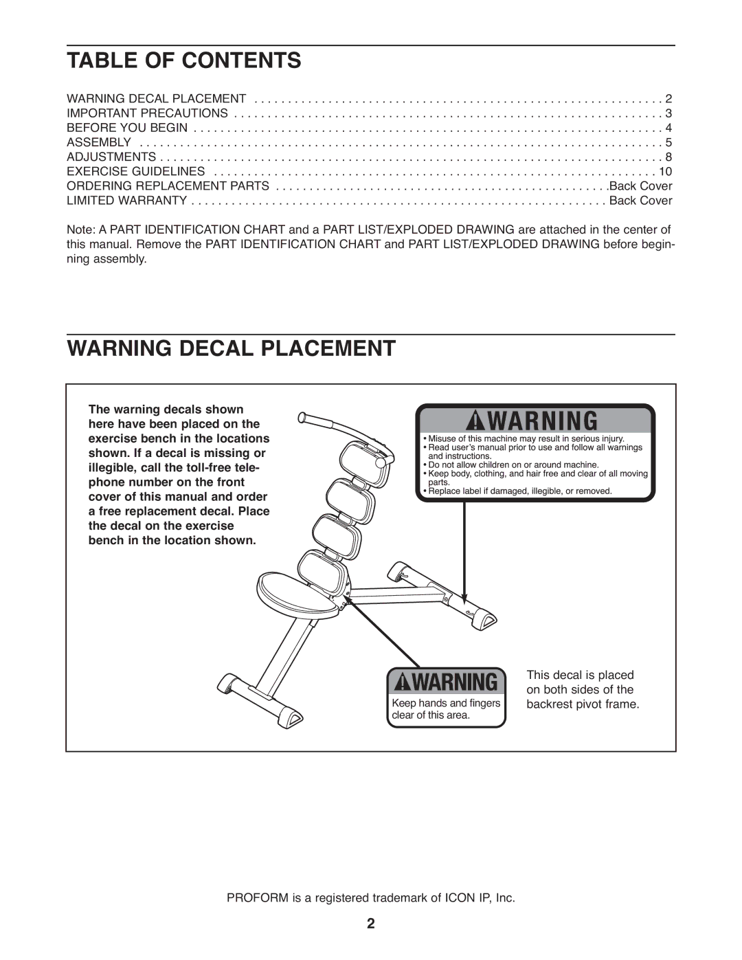 ProForm PFBE1144.0 user manual Table of Contents 